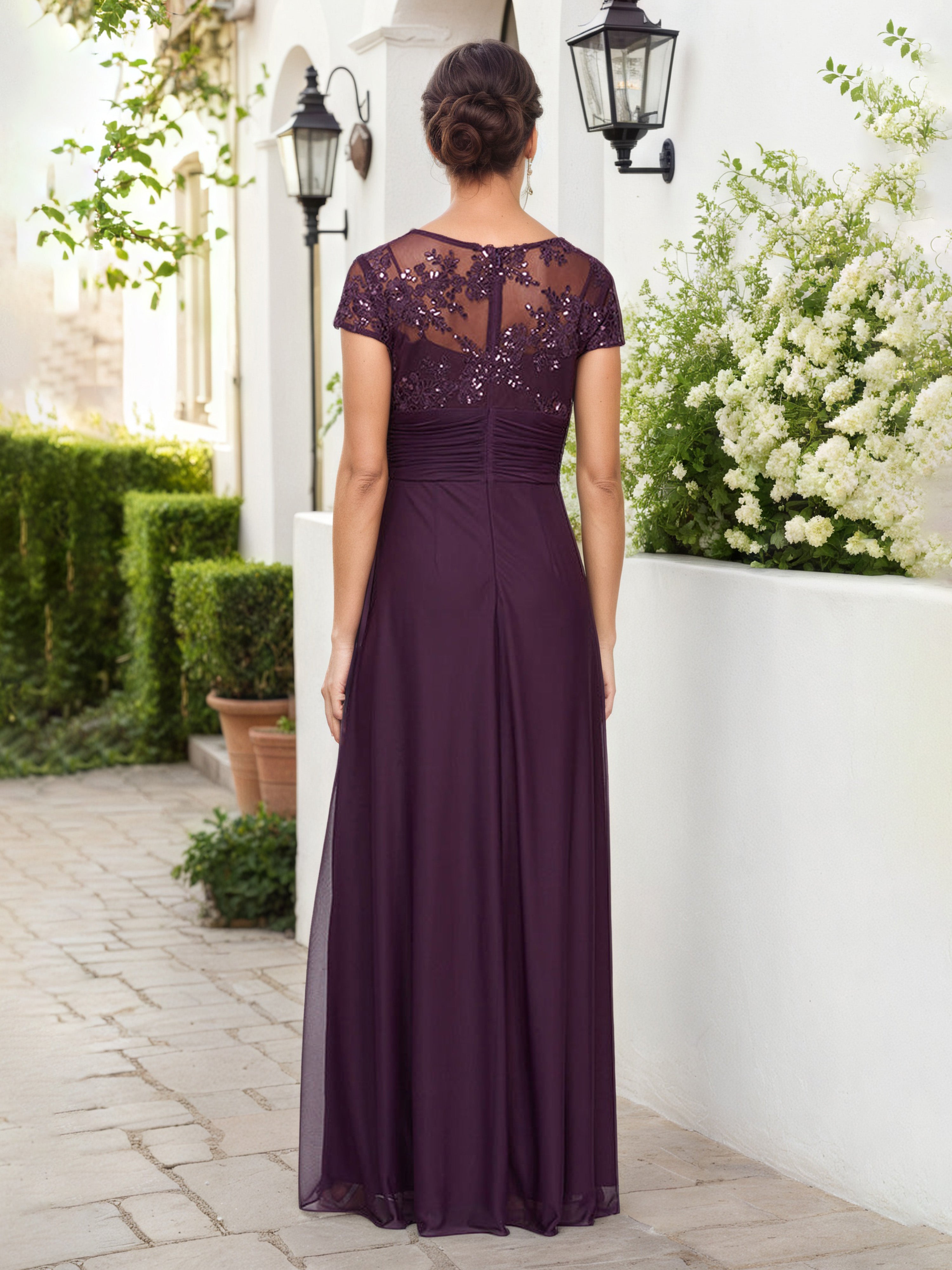 Embroidered Pleated Waist Surplice Neckline A-Line Mother Of The Bride Dress