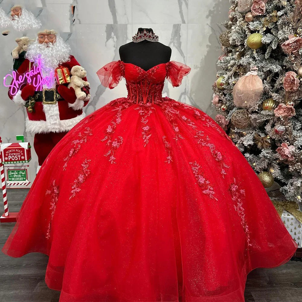Luxury Ball Gown Off Shoulder Lace Applique Beaded Red Tulle Quinceanera Dress Princess Birthday Gown for Sweet 16