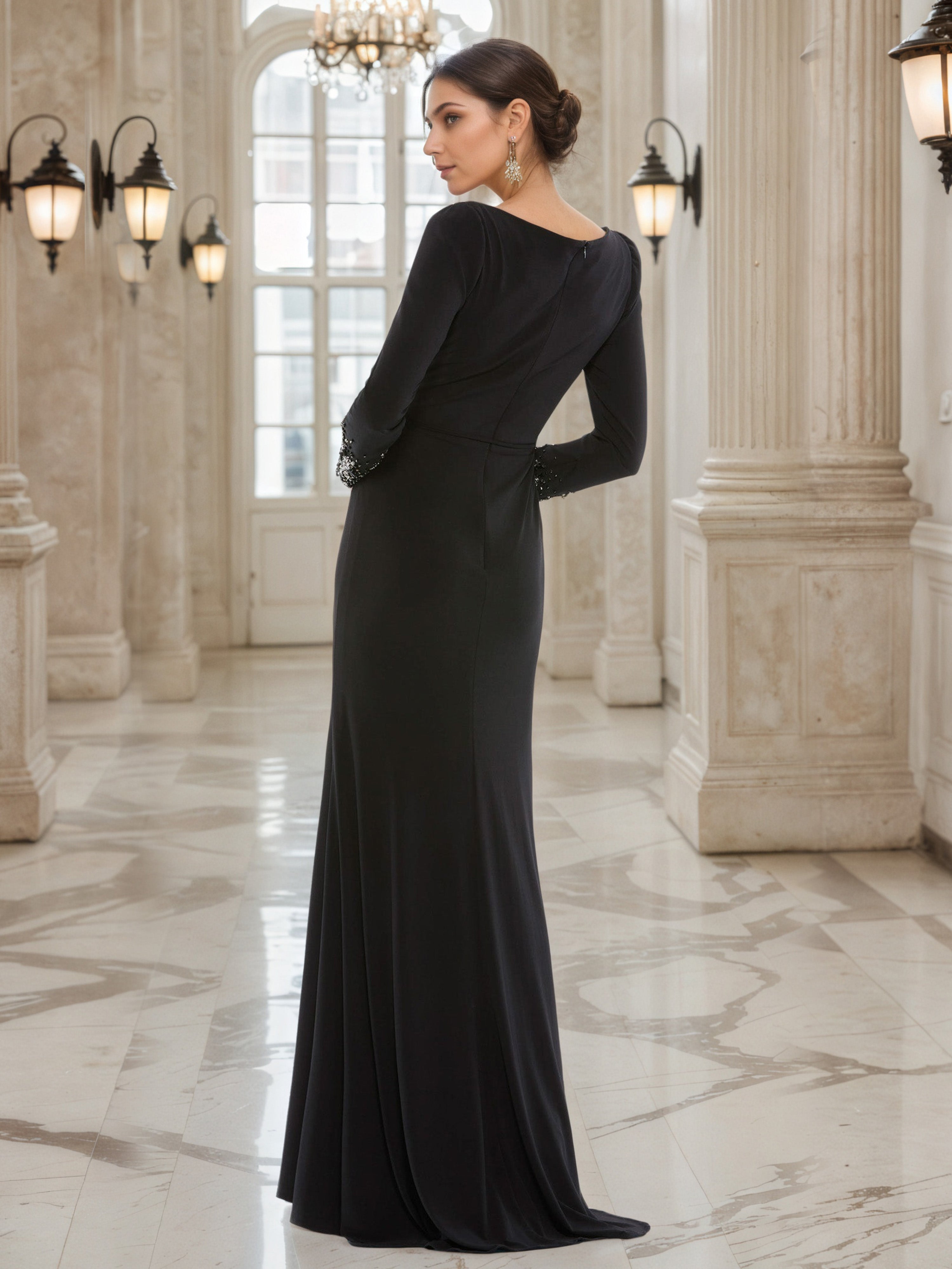 Black Sheath Mother of the Bride Dress with a V-Neckline and Embellished Long Sleeves