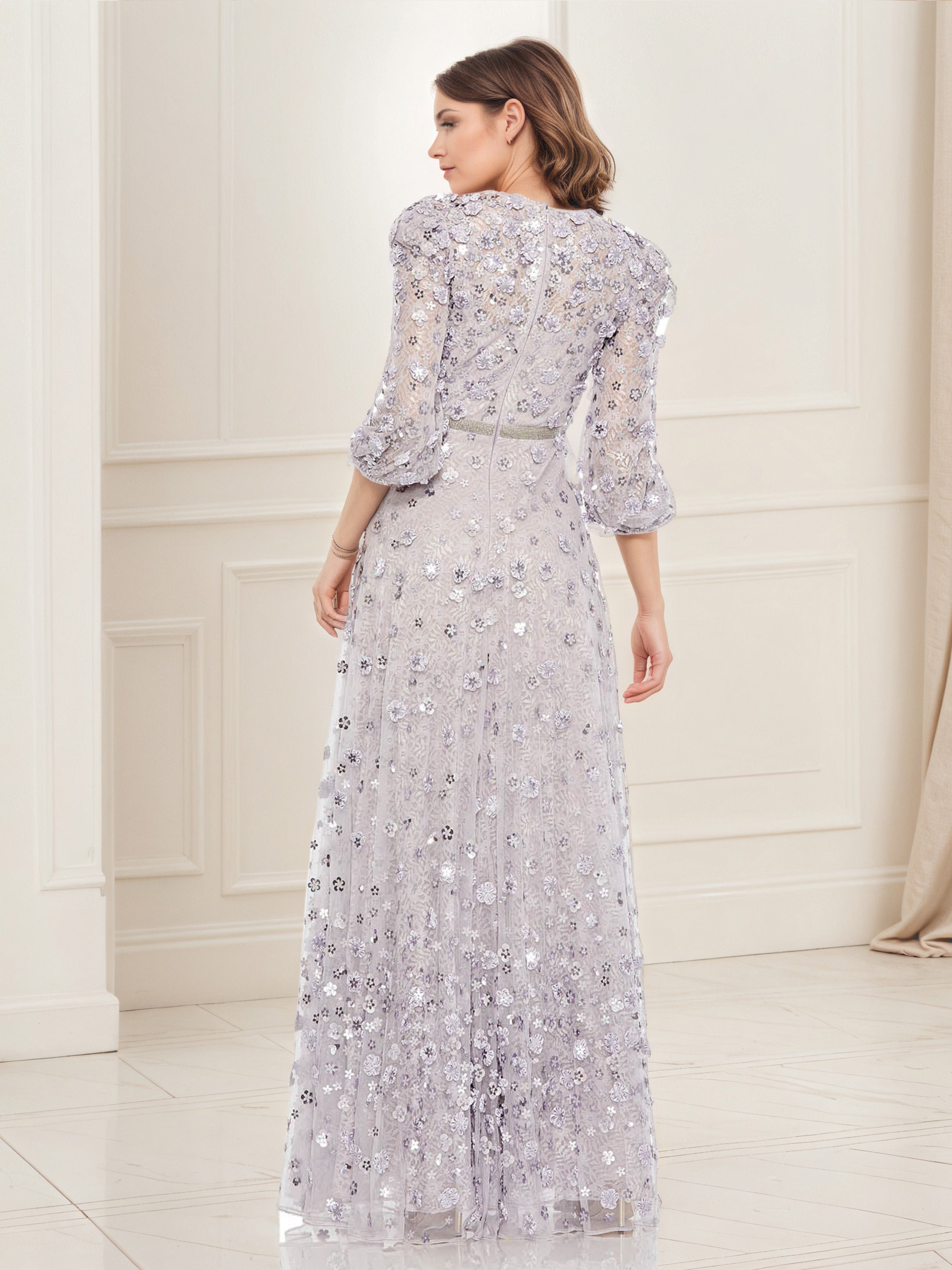 Silver A-Line Mother of the Bride Dress with 3/4 Sleeves and Floral Applique Details