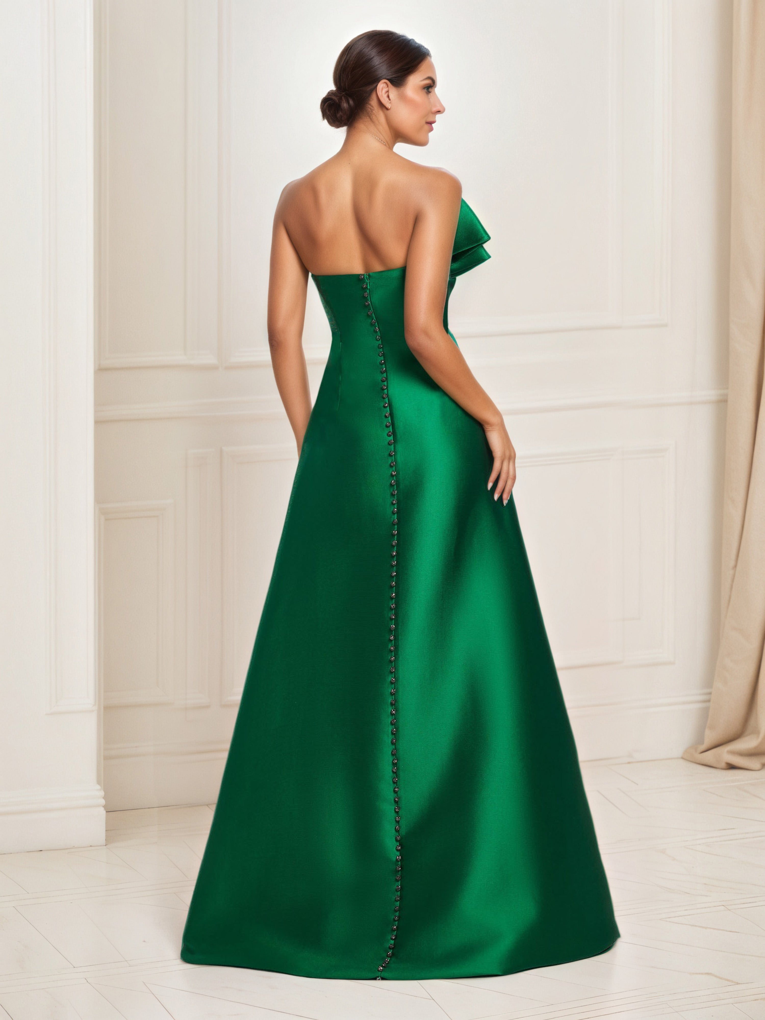 Dark Green Satin A-Line Mother of the Bride Dress, Strapless and Floor-Length