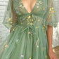Green V Neck Short Sleeves Ankle Length Floral Tulle Short Prom Dresses