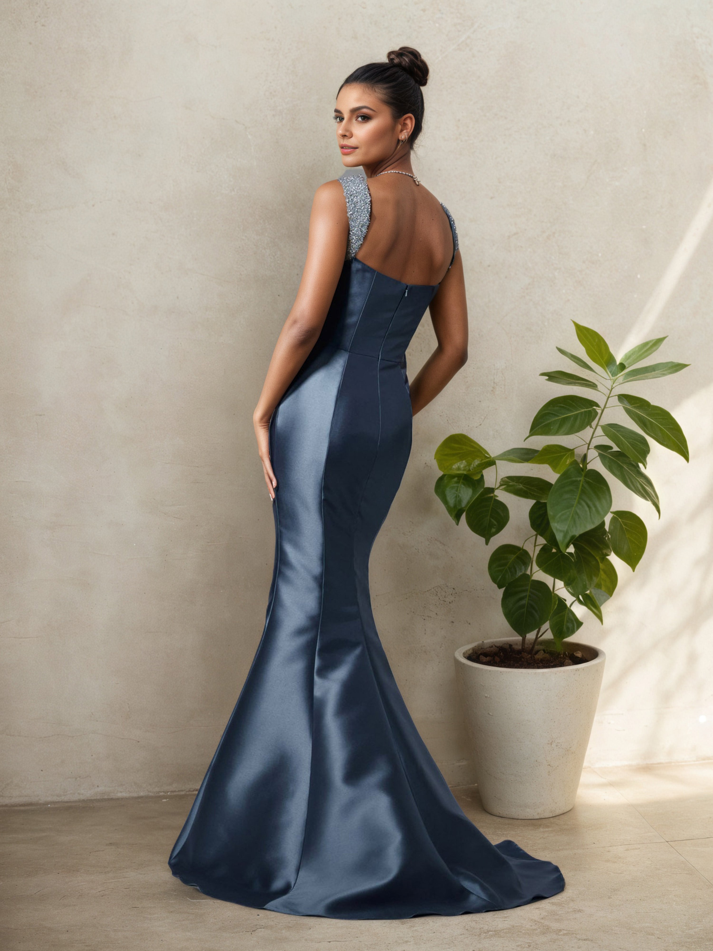 Slate Blue Satin Square Neck Mother of the Bride Dress with Sweep Train