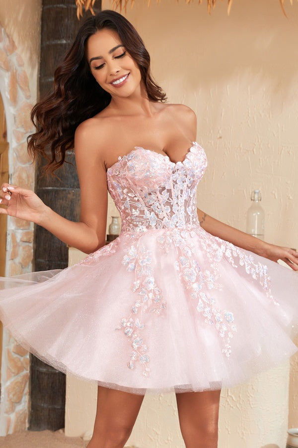 Chic & Modern A-Line Sweetheart Fully Sequins Appliques Baby Pink Glitter Tulle Lace Up Homecoming Dress