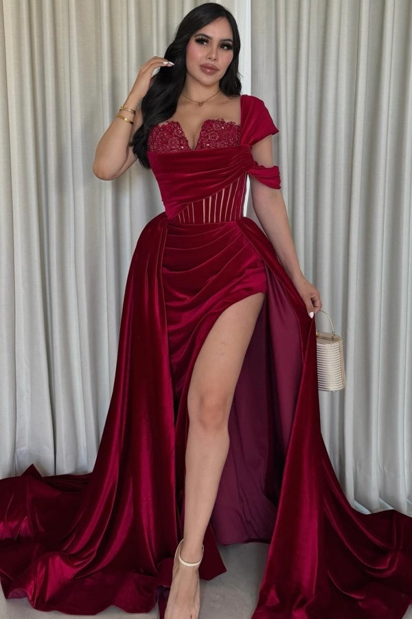 Sexy & Gorgrous Sheath One Shoulder Strapless Pleated Appliques Formal Prom Dresses Dress Burgundy Velvet High Side Slit Evening Gown