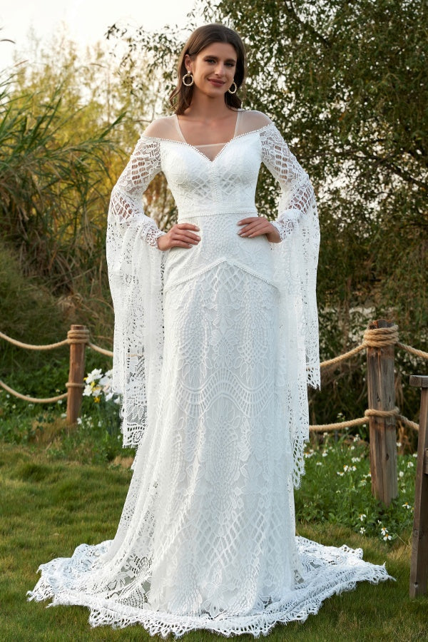 Chic & Modern Mermaid V Neck Long Brumpet Sleeves Fully Lace Sleeves Boho Wedding Dress V Back Court Train Beach Bridal Gown