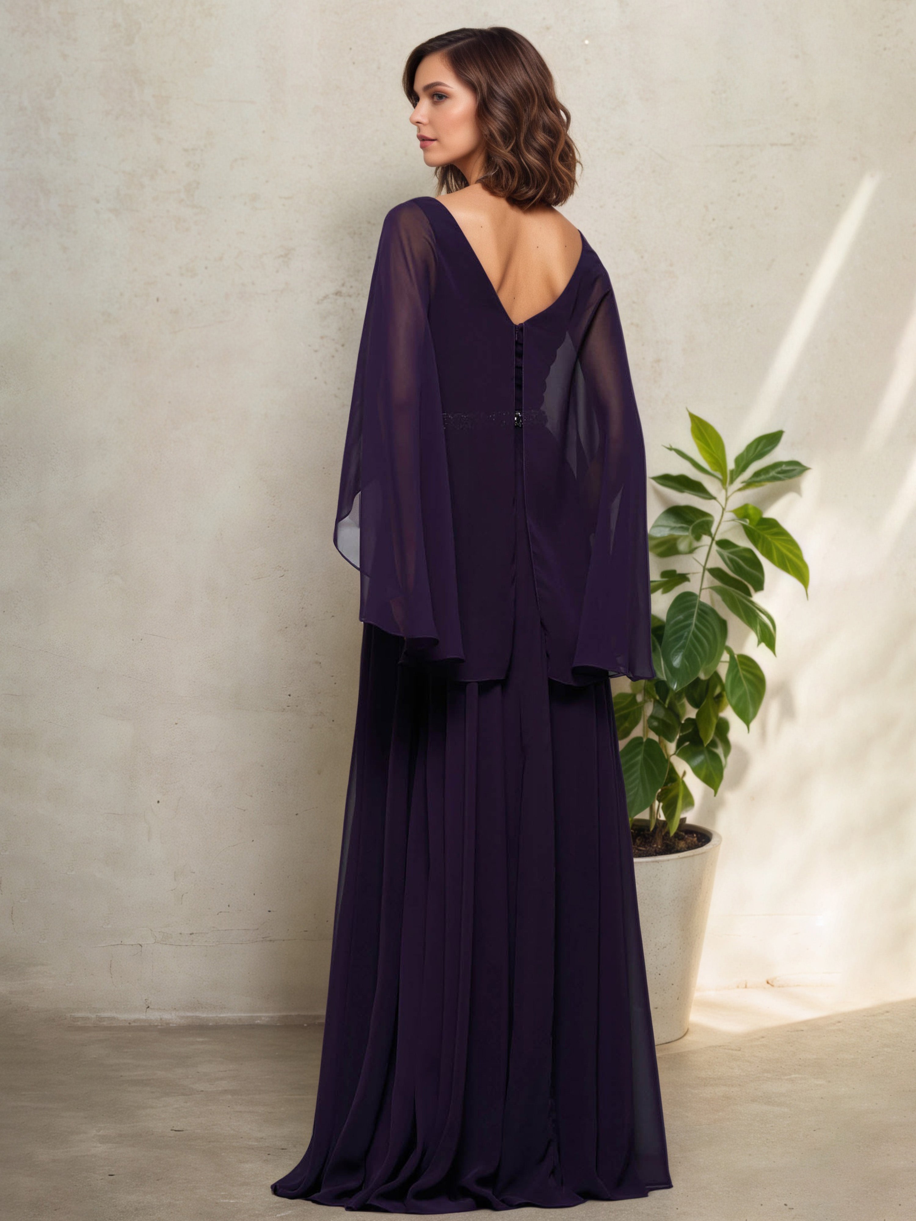Aubergine Floor-Length V-Neck A-Line Mother of the Bride Dress with Matching Shawl