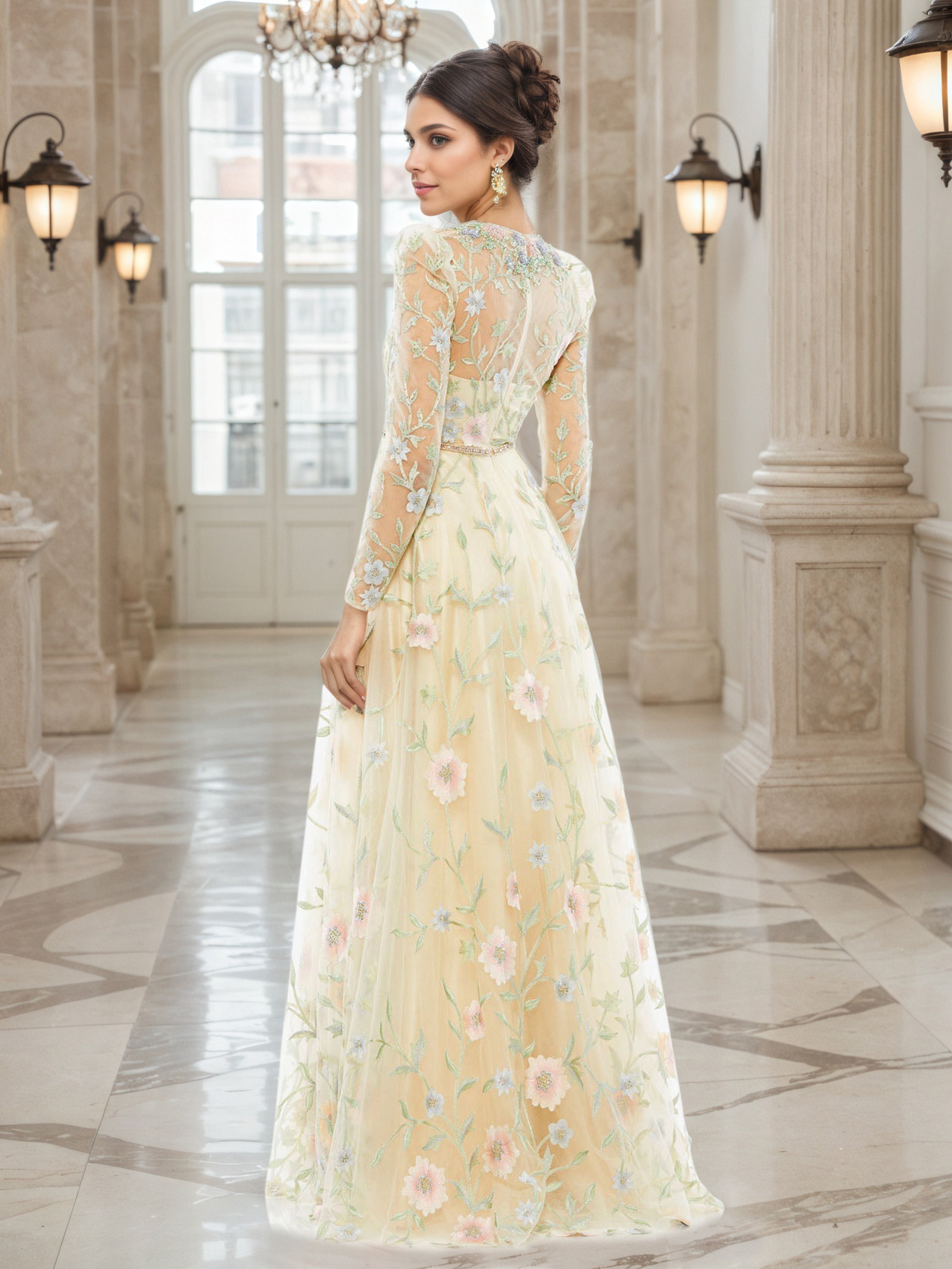 Daffodil A-Line Mother of the Bride Dress with an Illusion Neckline, Floral Details and Long Sleeves