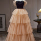 Pretty Champagne Off The Shoulder Beading A Line Tulle Long Prom Dresses