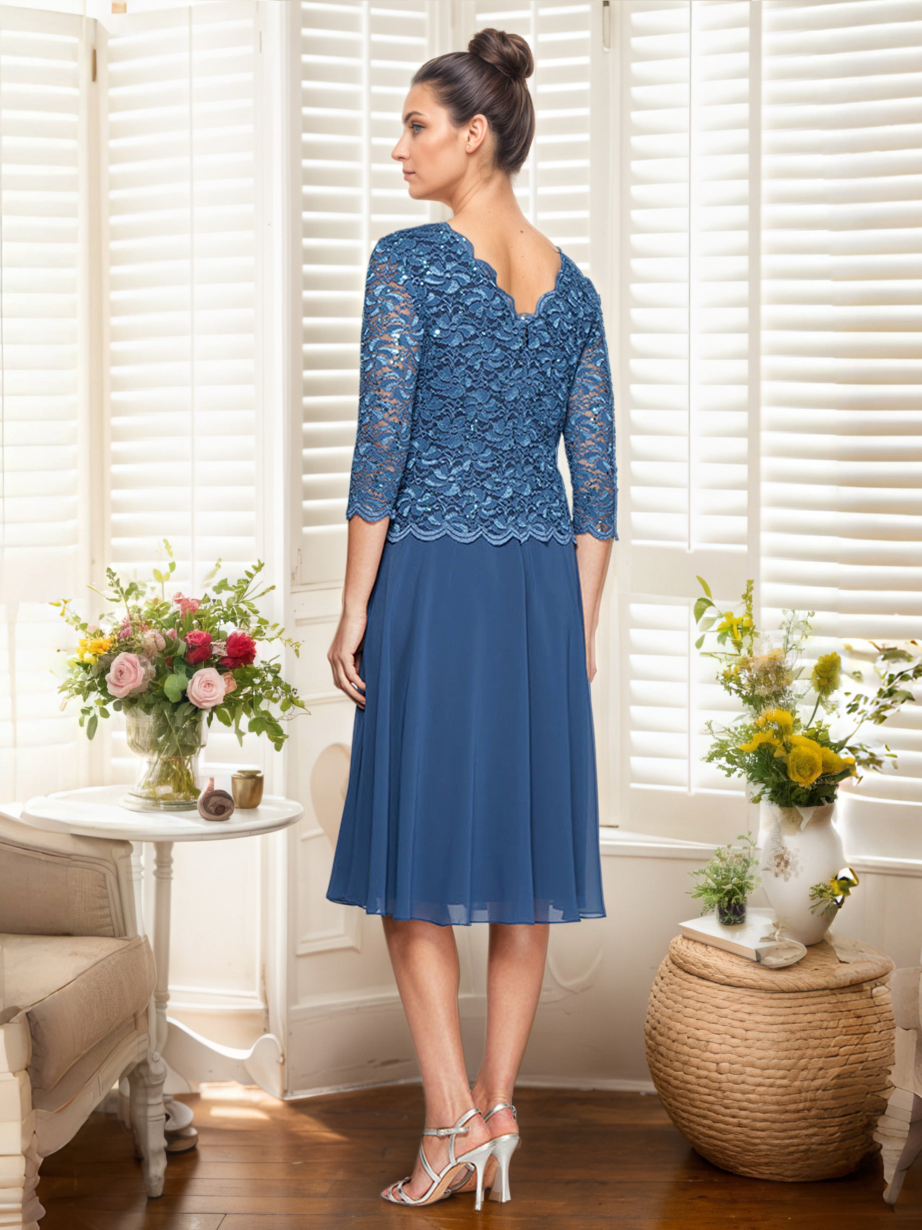 Dark Blue A-Line Lace Top 3/4 Length Sleeves Chiffon Mother Of The Bride Dress