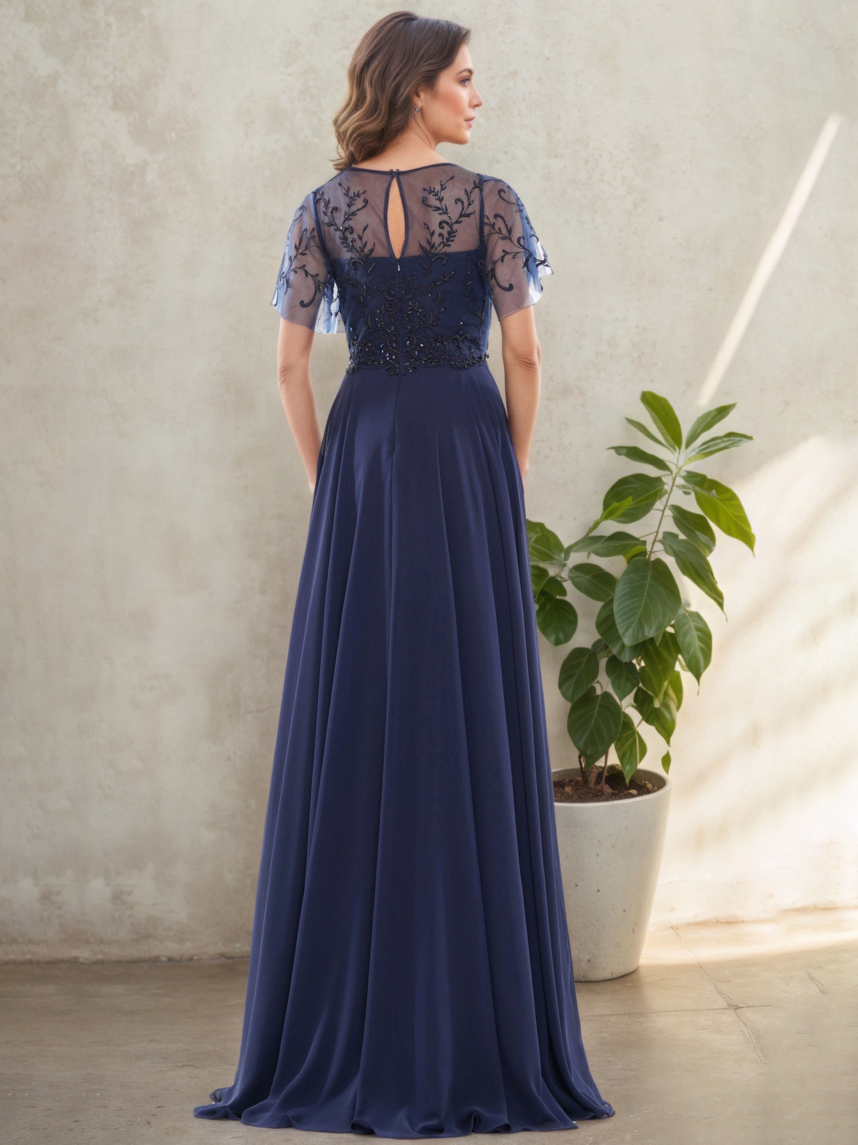 Navy Blue Sheer Neck A-Line Mother of the Bride Dress