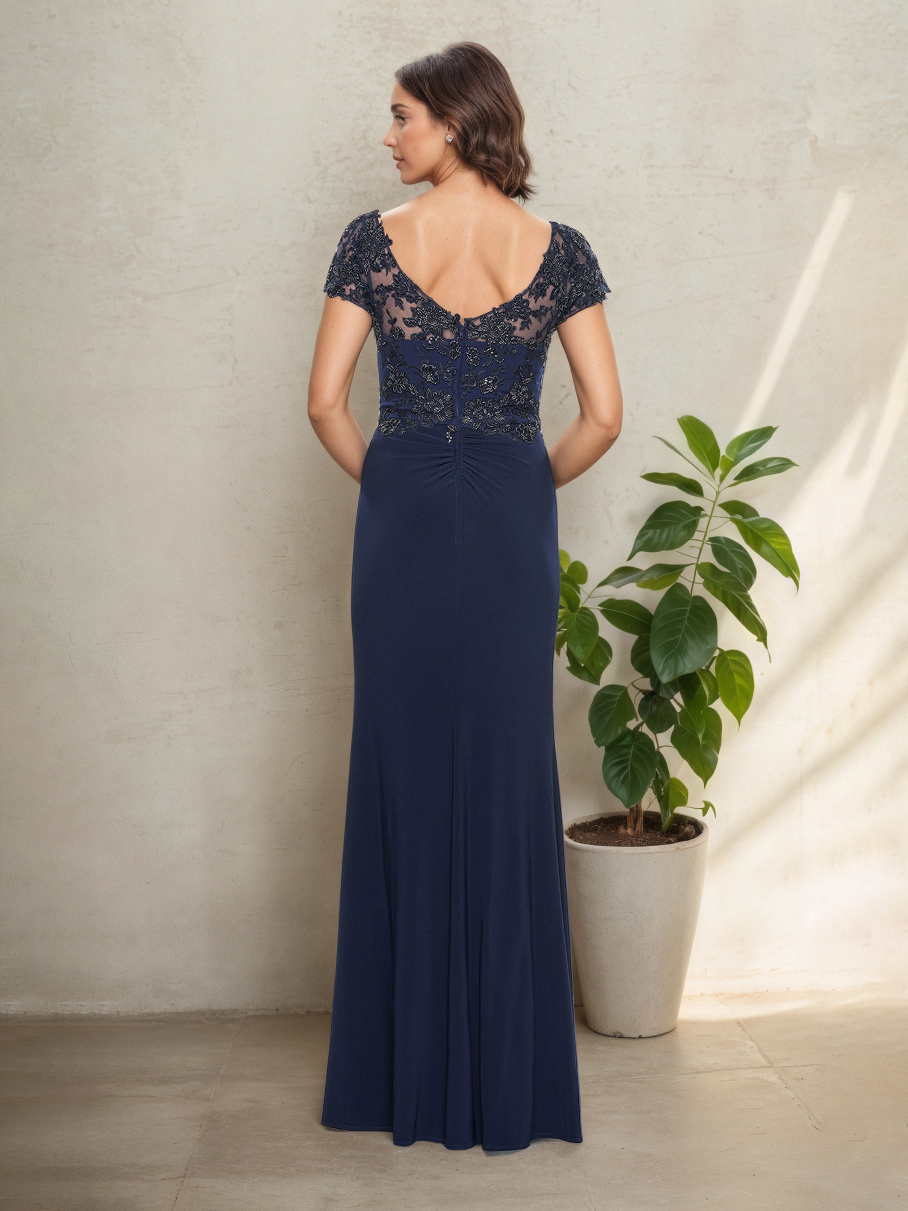 Bateau Neck Floor-Length Mother of the Bride Dress with Short Sleeves