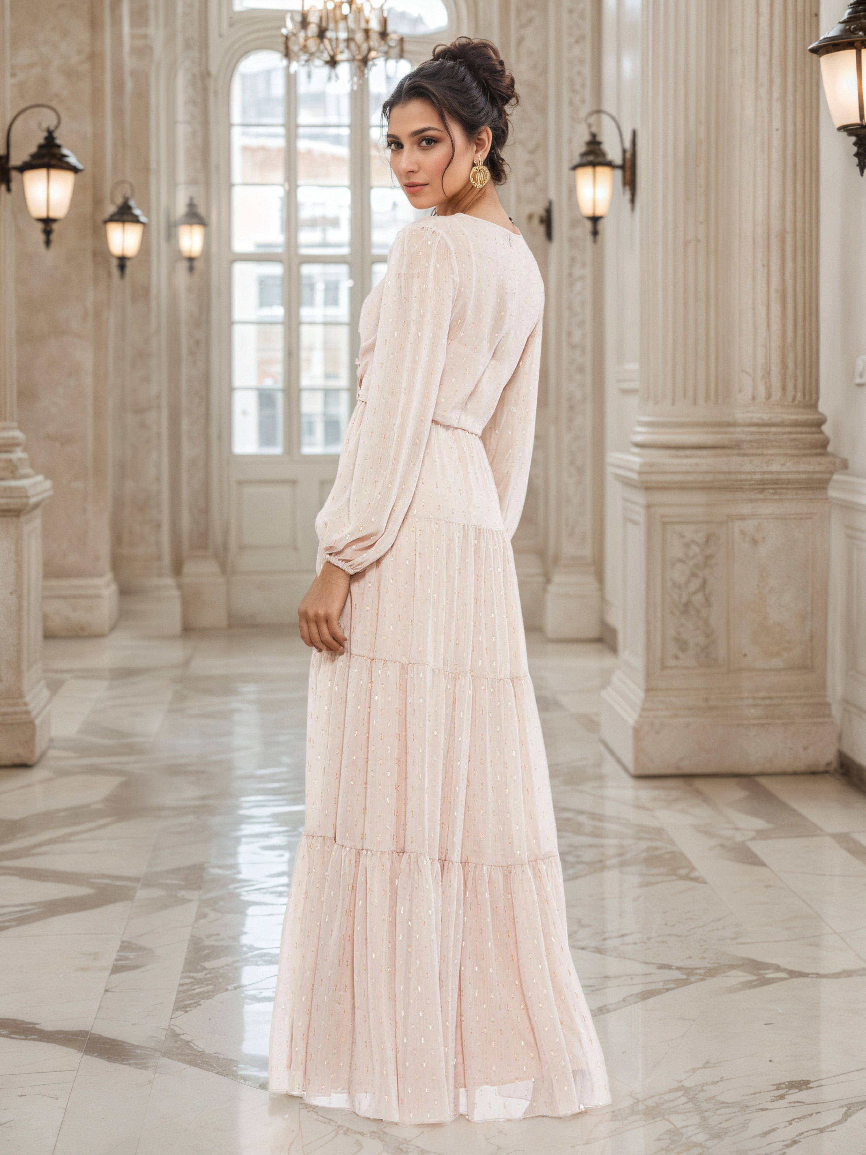 Pearl Pink A-Line Mother of the Bride Dress with Long Sleeves and a V-Neckline