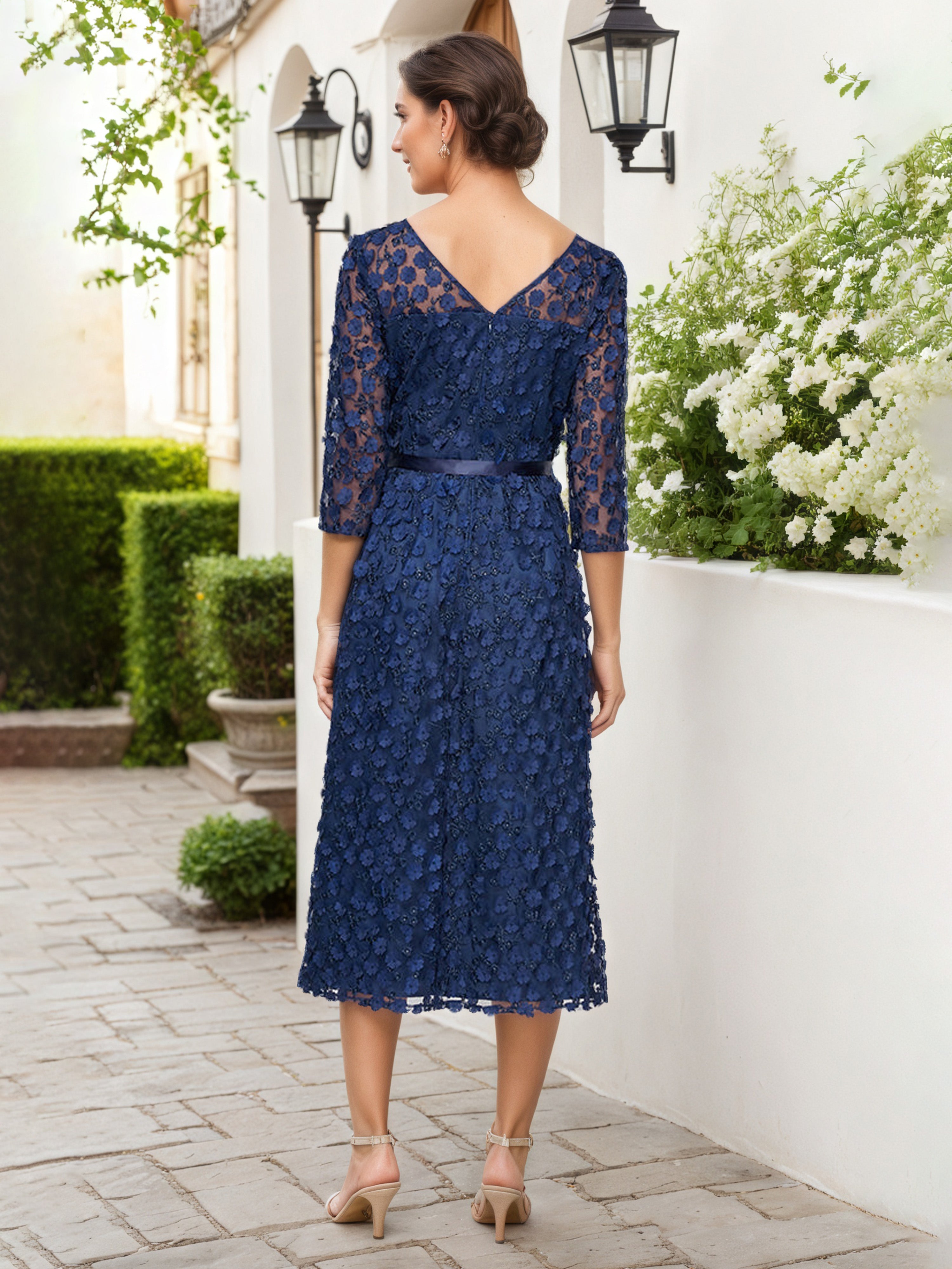 Navy Blue Tea Length 3/4 Sleeves Mother Of The Bride Dress with 3D Flowers