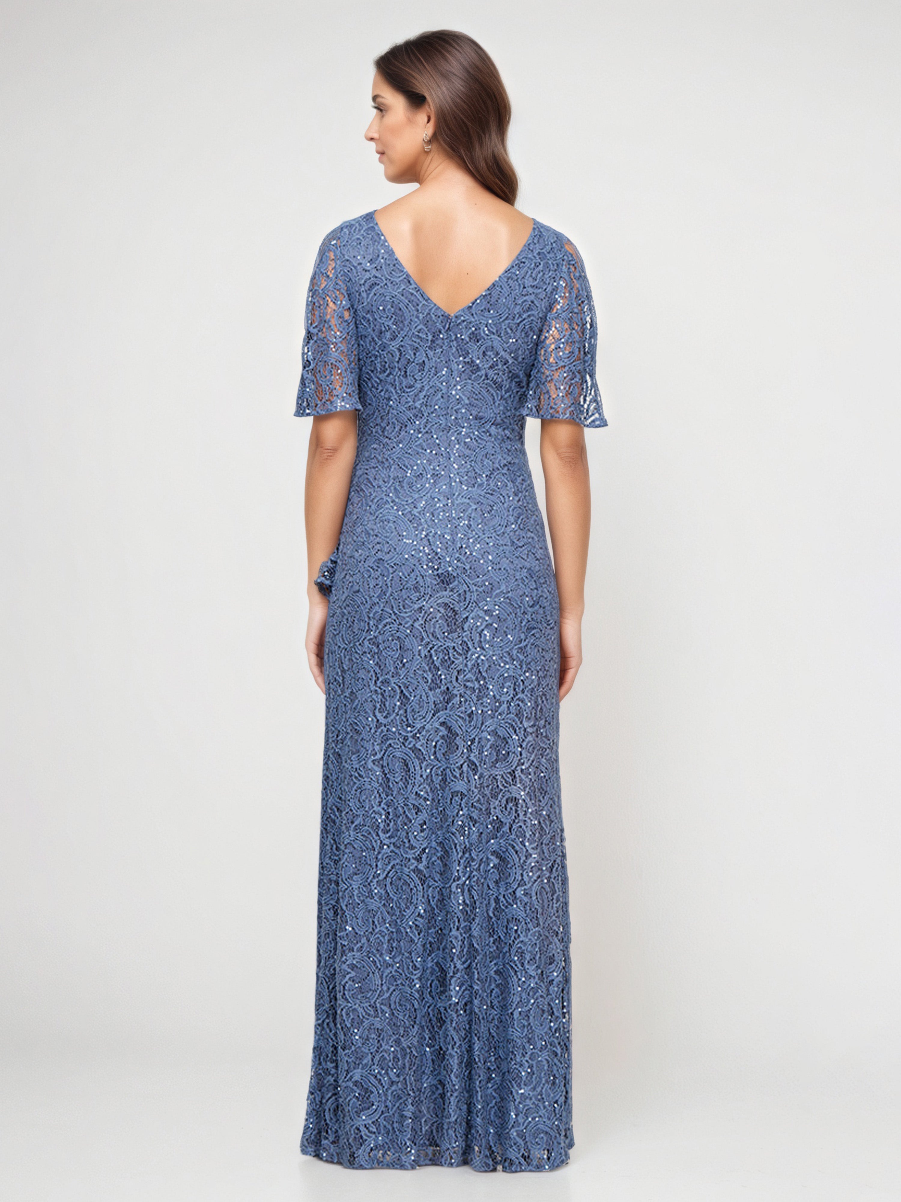 Wedgewood V-Neck Lace Sheath Mother of the Bride Dress with Short Sleeves and Ruffles