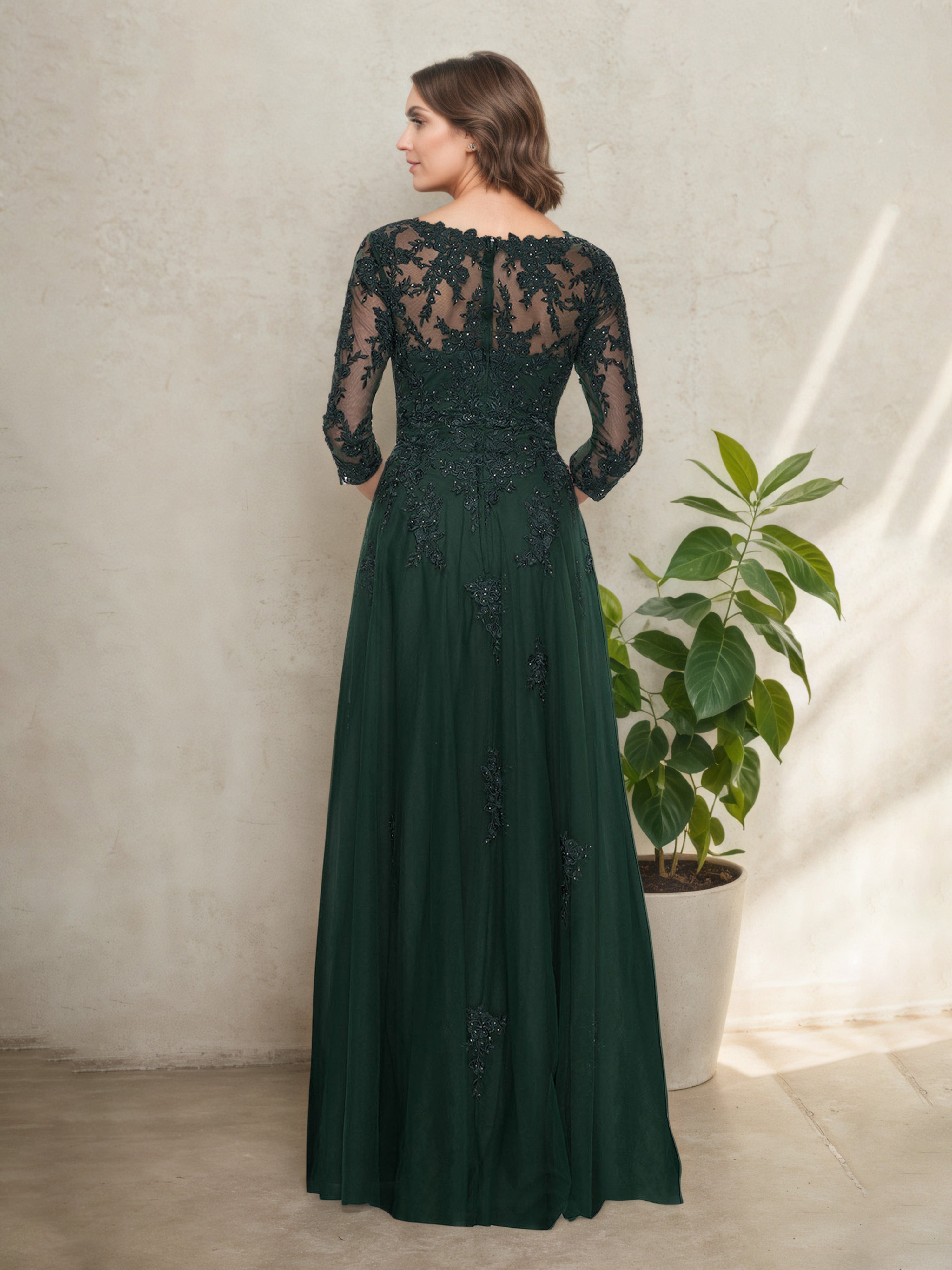Dark Green Lace Mother of the Bride Dress with Illusion V-Neck and 3/4 Sleeves