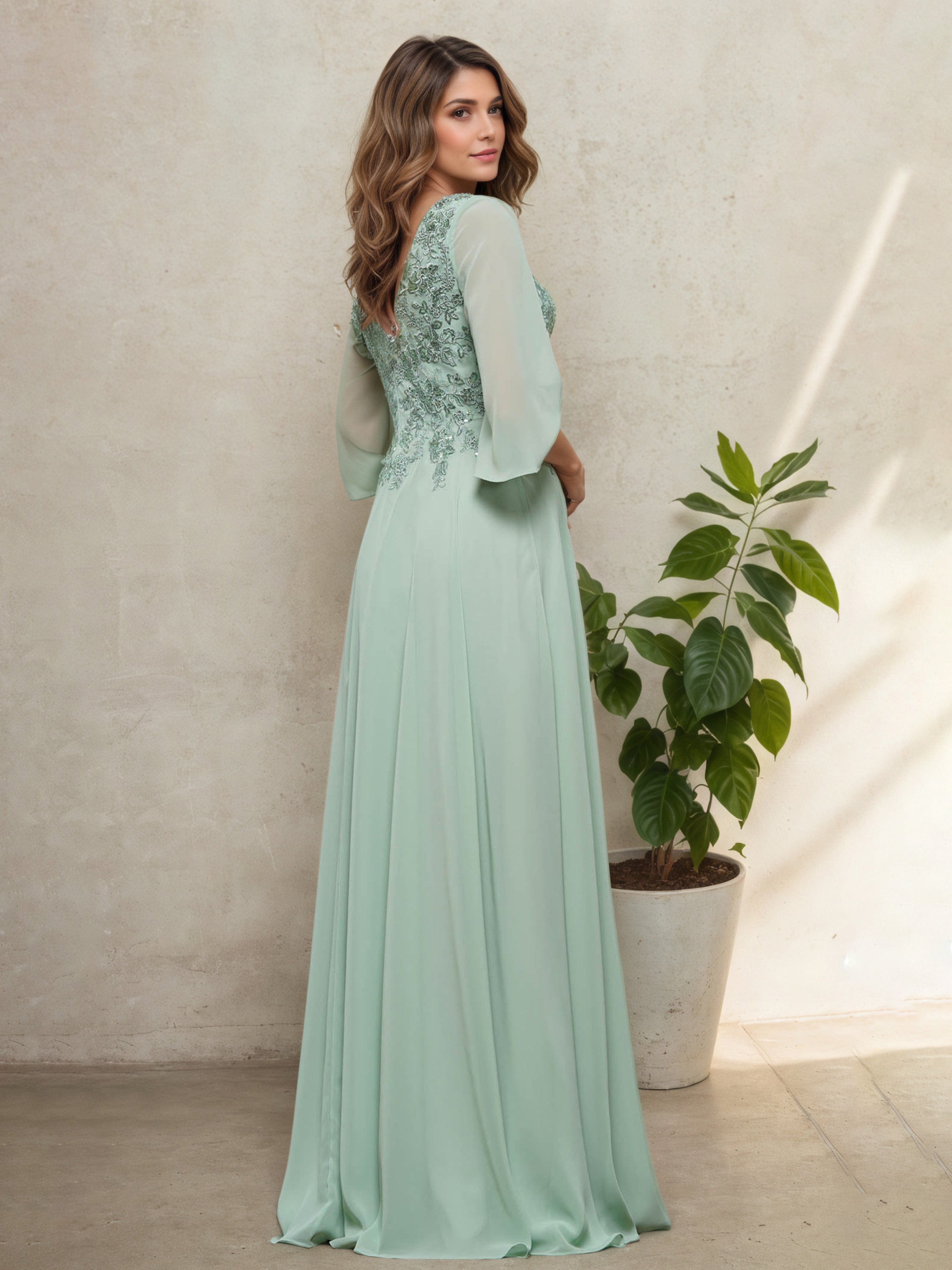 Mint Green V-Neck Mother of the Bride Dress with Applique Details and 3/4 Sleeves