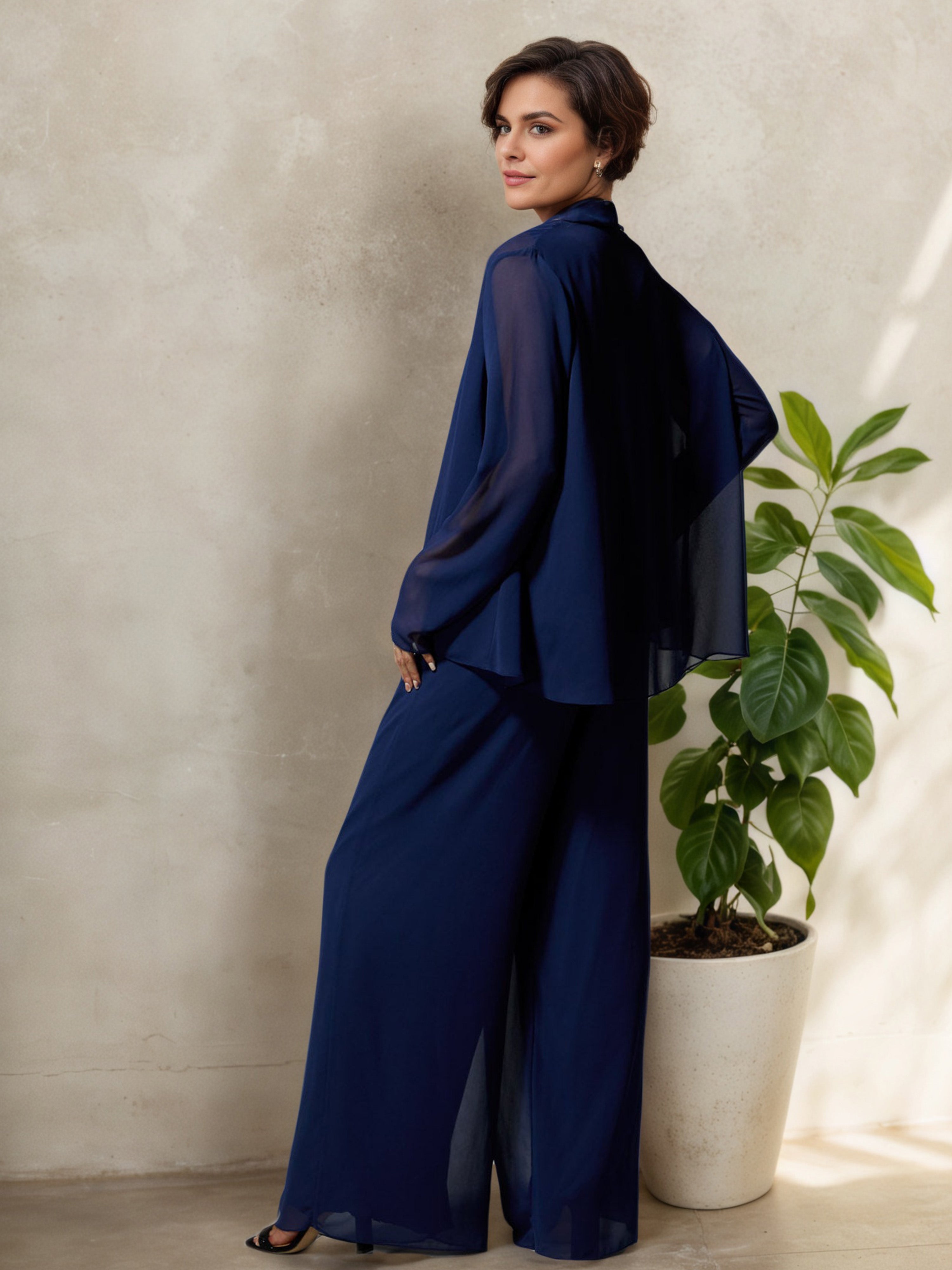 Navy Blue 3 Piece Mother of the Bride Pant Suit with Round Neck and Beaded Details