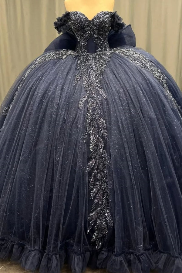 Off Shoulder Quinceanera Dresses Fully Beaded Appliques Bow Knot Lace Up Sparkly Dark Navy Tulle