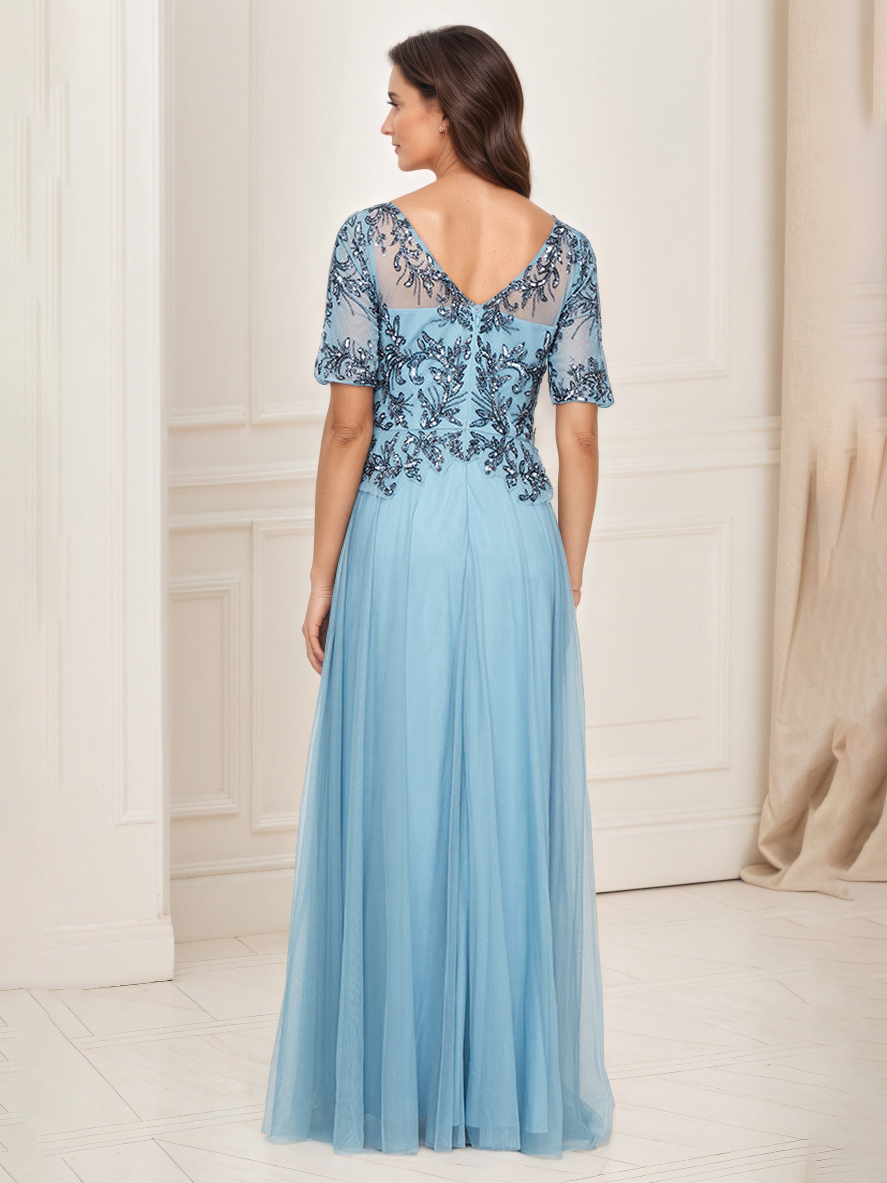 Sky Blue Tulle Maxi Mother of the Bride Dress with Sequin Embroidery and Sleeves