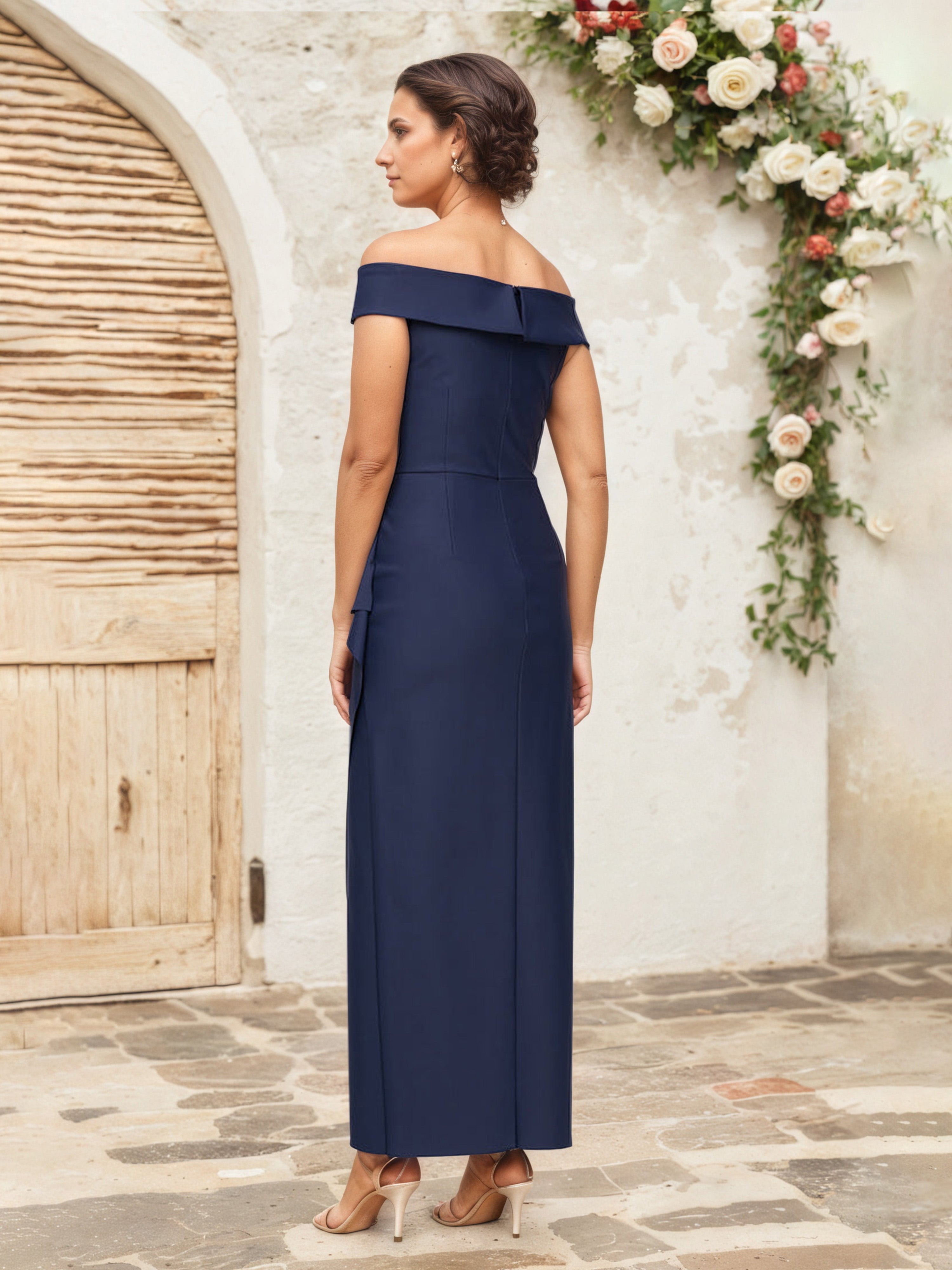 Dark Navy Off-the-Shoulder Elegant Mother of the Bride Dress with Embellished Details