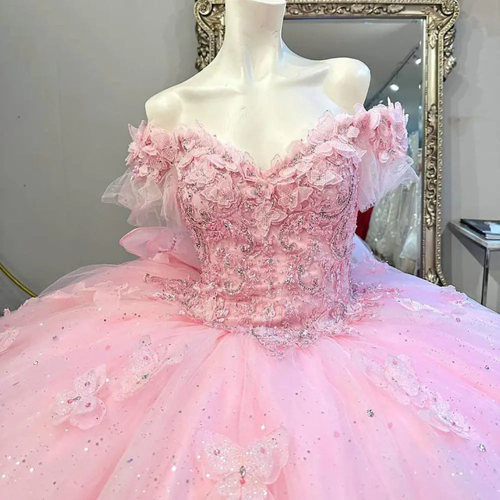 Chic & Cute Ball Gown Off Shoulder 3D Butterfly Lace Appliques Bow Knot Pink Tulle Quinceanera Dress Princess Party Gown for Sweet 16