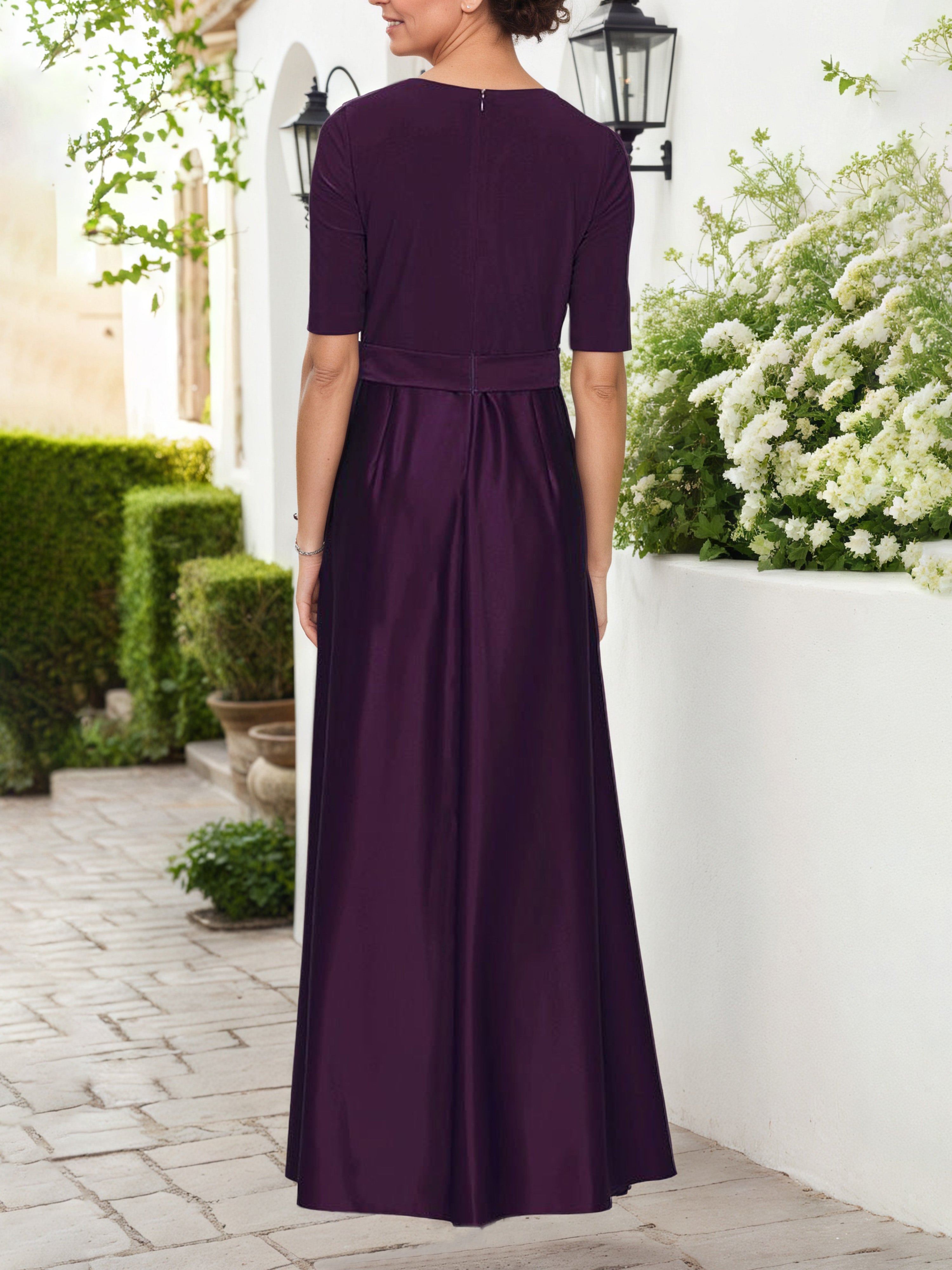 Aubergine A-Line Long V-Neck Satin Mother of the Bride Dress with Elegant Silhouette
