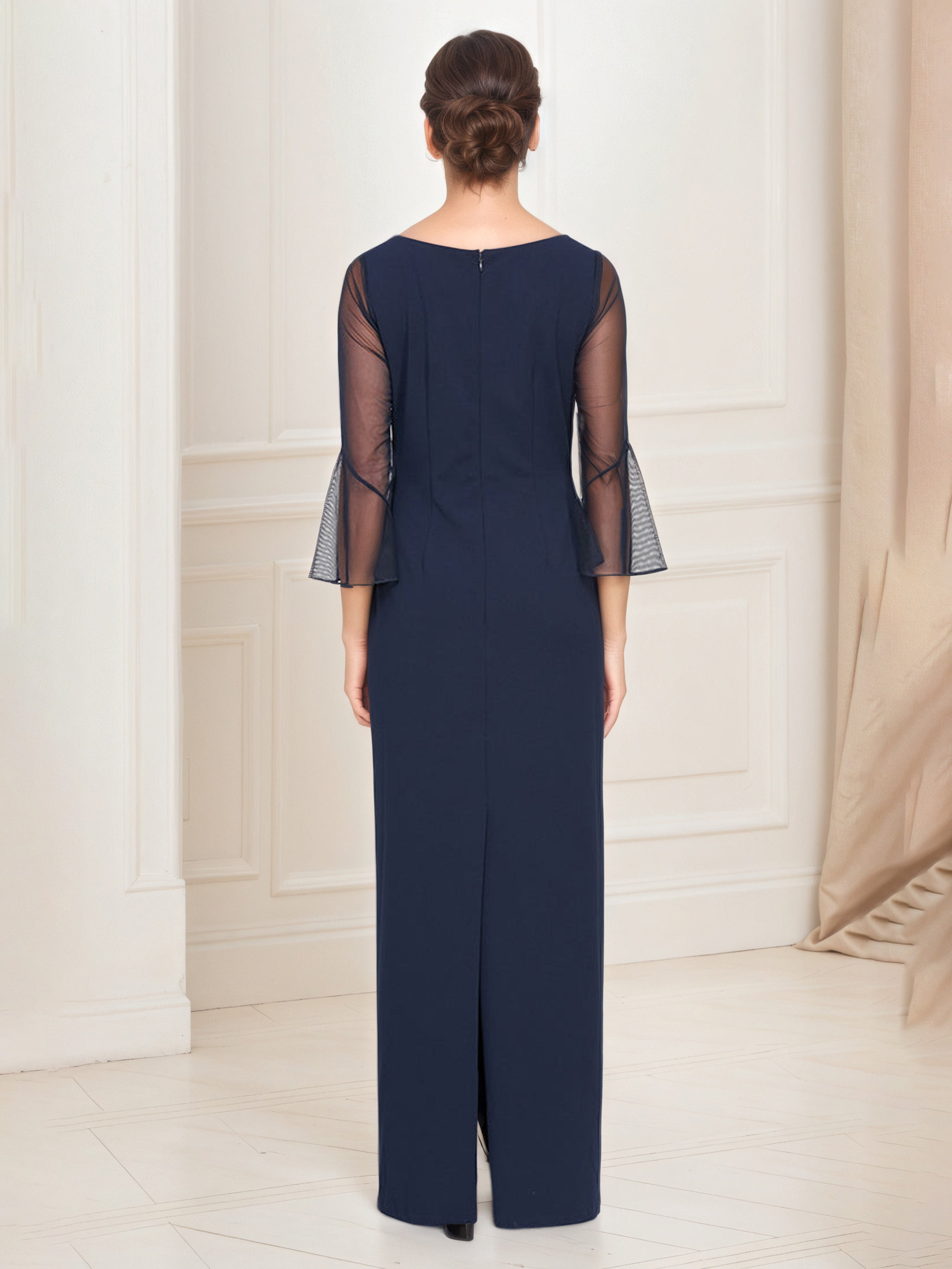 Dark Navy Sheath Long Mother of the Bride Dress with Beaded Neckline and Illusion Sleeves