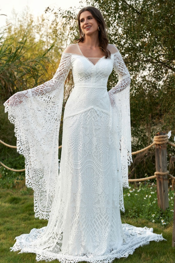 Chic & Modern Mermaid V Neck Long Brumpet Sleeves Fully Lace Sleeves Boho Wedding Dress V Back Court Train Beach Bridal Gown