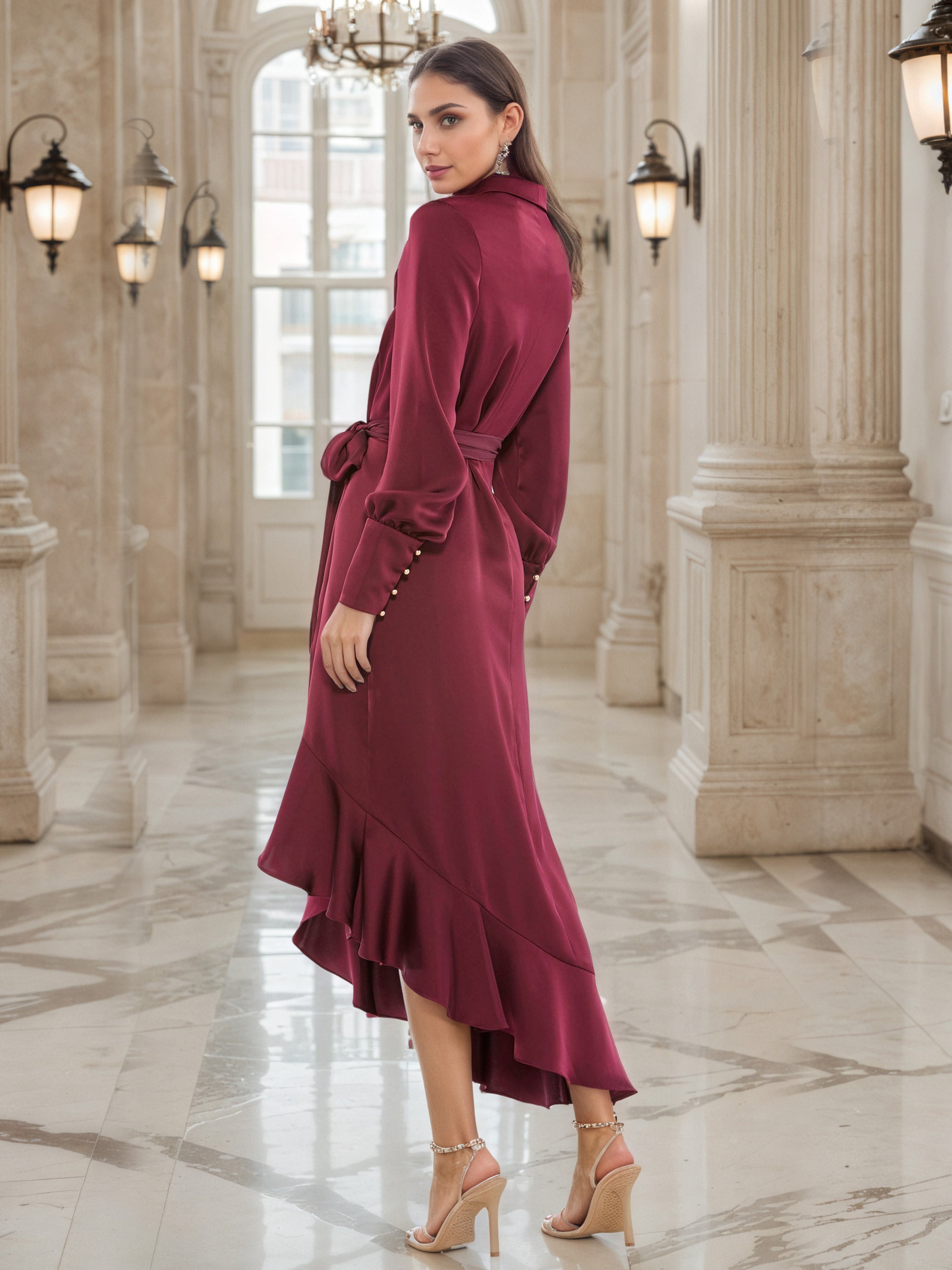 Burgundy Midi Mother of the Bride Dress with a V-Neckline, Long Sleeves, Tie Waist and Ruffled Asymmetrical Hem