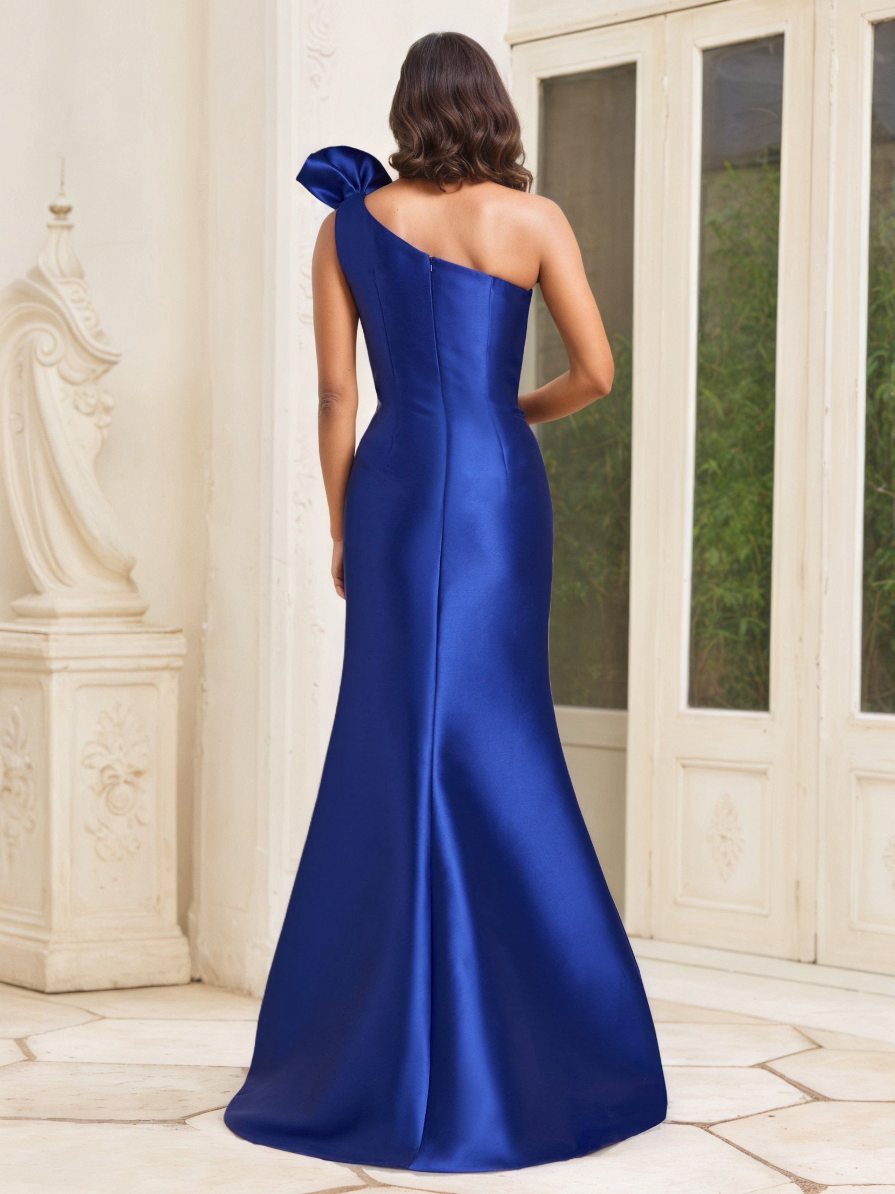 Royal Blue One-Shoulder Mother of the Bride Dress with Ruffled Detail and Front Split