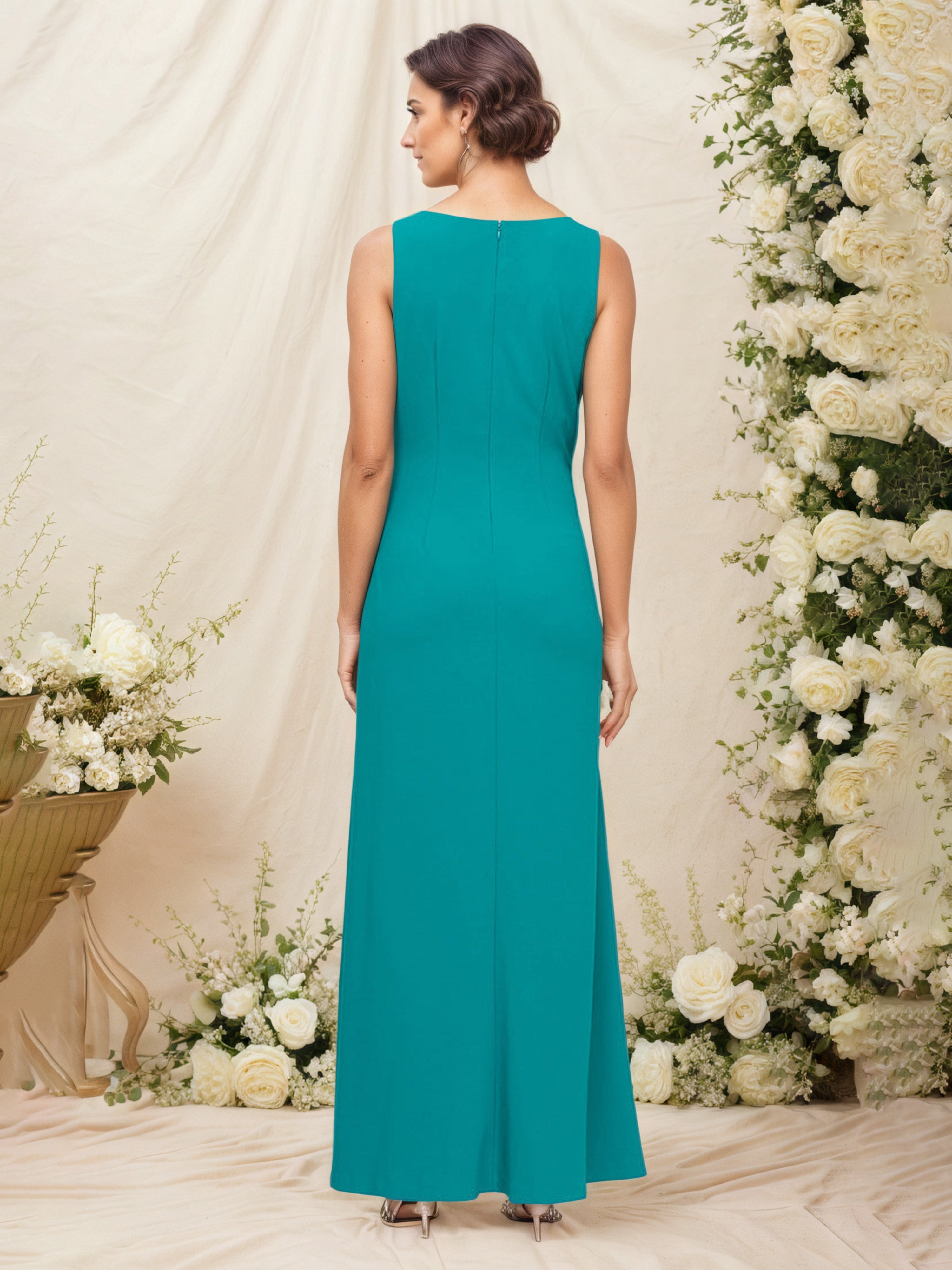 Jade Sleeveless Ruched Mother of the Bride Dress with Floral Appliques