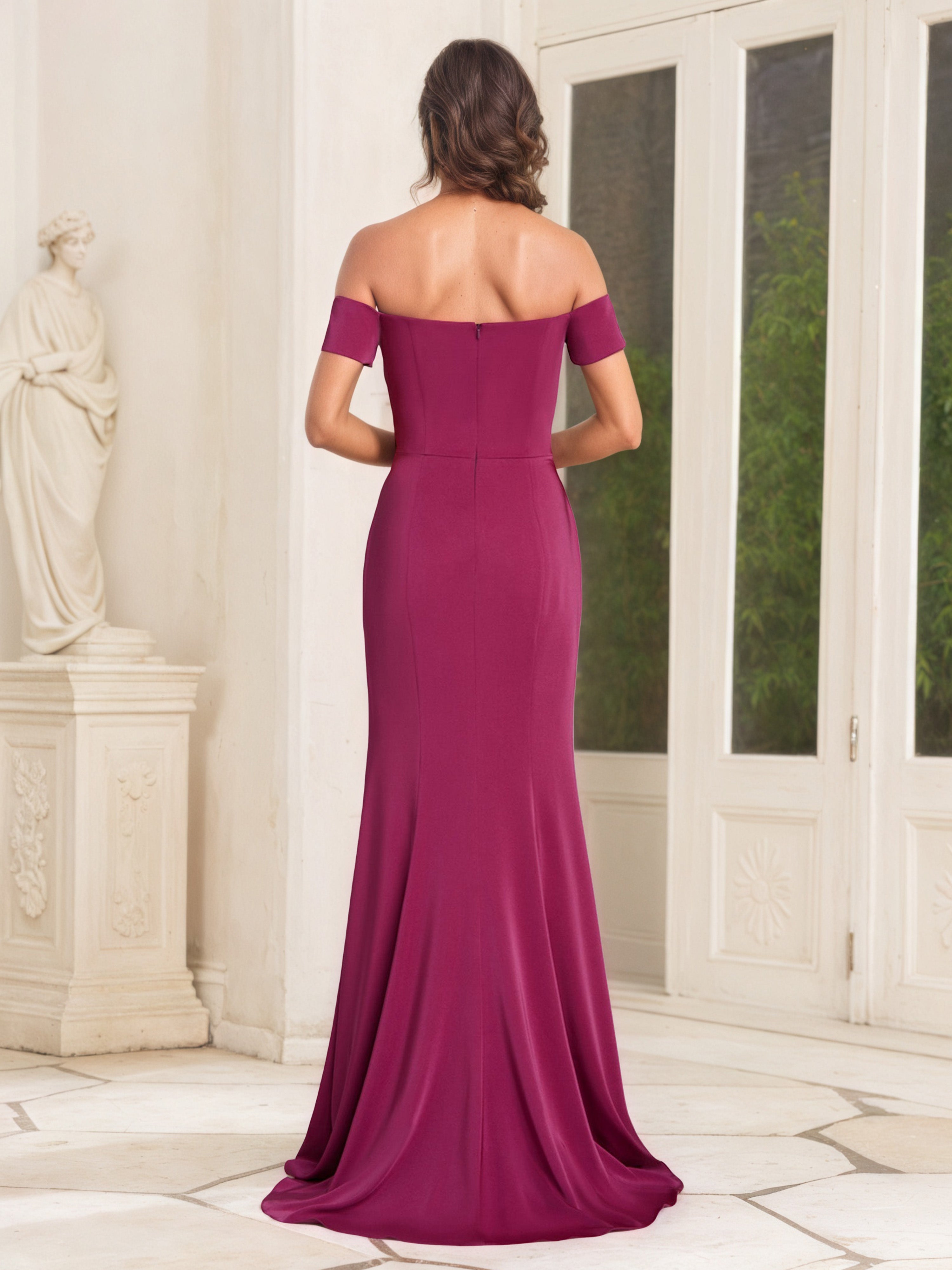 Cinnamon Rose V-Neck Mother of the Bride Dress with Off-the-Shoulder Notched Trumpet/Mermaid Silhouette and Front Split