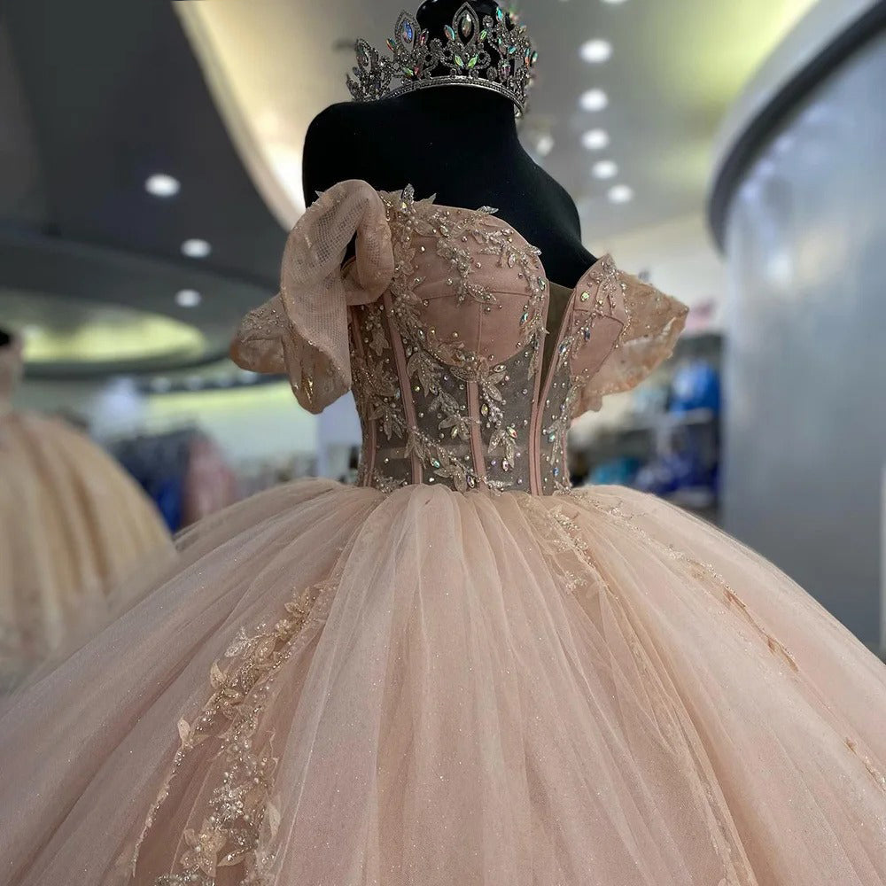 Modern Ball Gown Off Shoulder Sleeveless Lace Appliques Beaded Lace Up Sweep Train Blush Pink Tulle Quinceanera Dress Princess Gown for Sweet 16