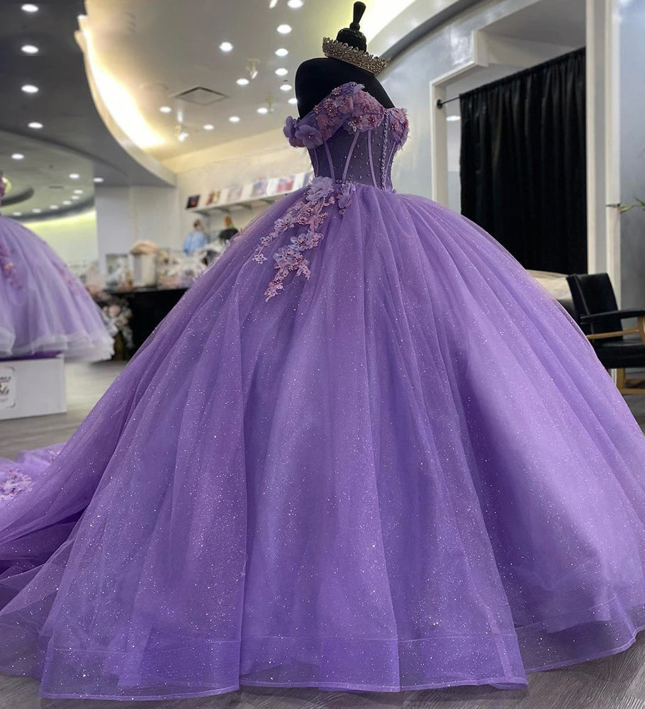 Elegant & Modern Ball Gown Off Shoulder 3D Flowers Lace Appliques Purple Tulle Quinceanera Dress Birthday Party Gown for Sweet 16
