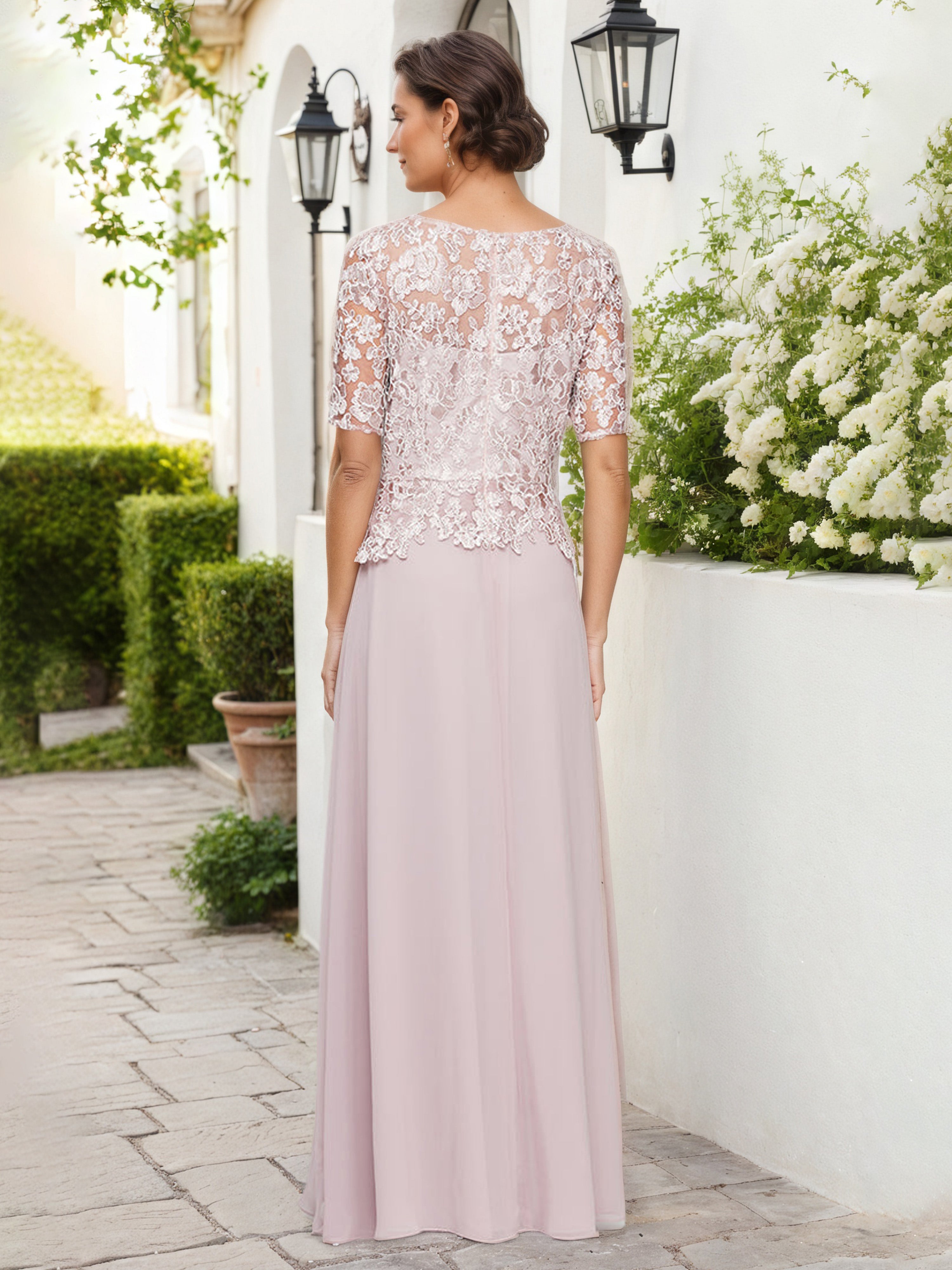 Blush A-Line Lace Embroidered Mother of the Bride Dress with Short Sleeves