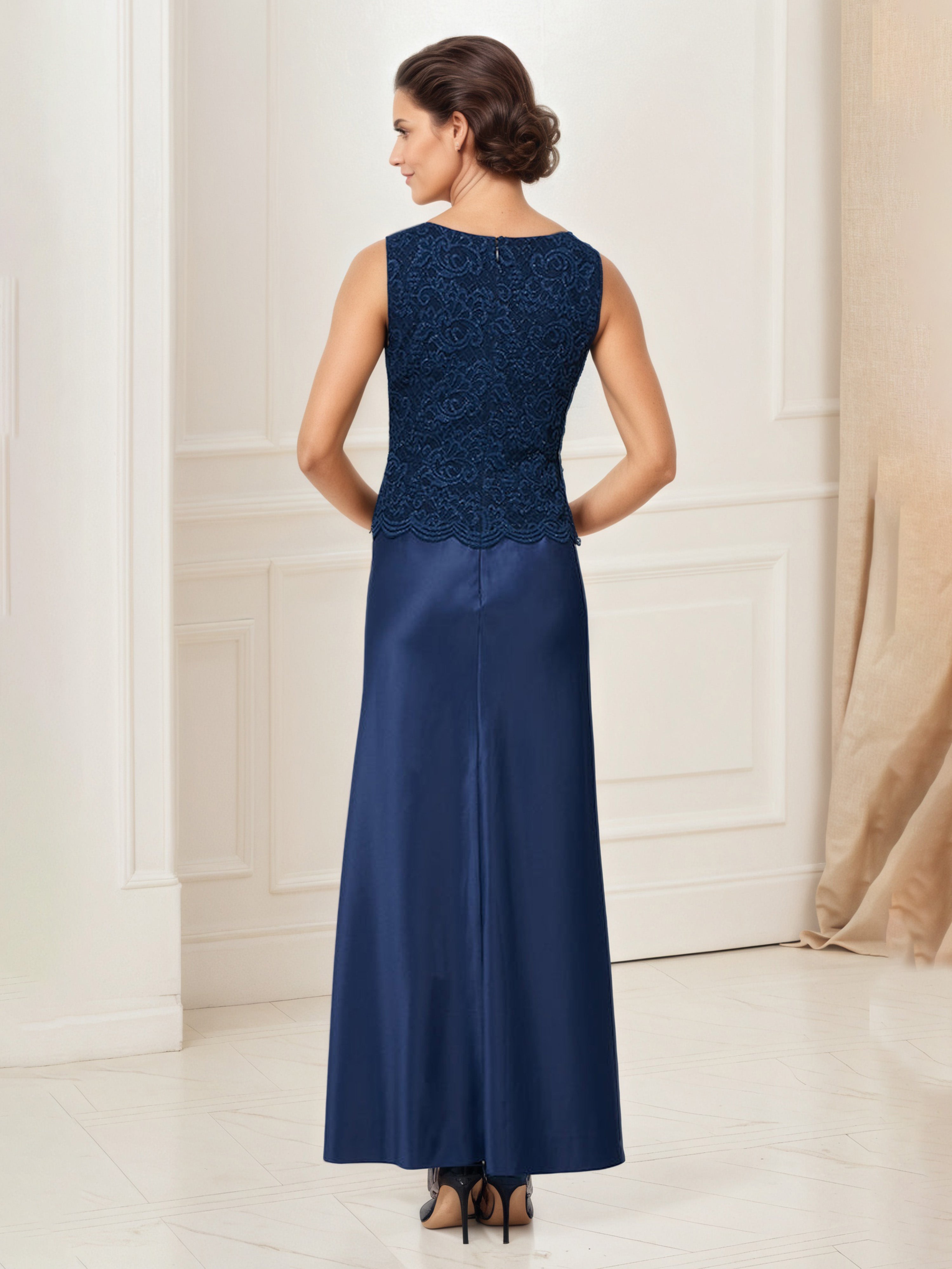 Dark Navy Satin Mother of the Bride Dress with Glitter Lace Bodice and Matching Lace Jacket