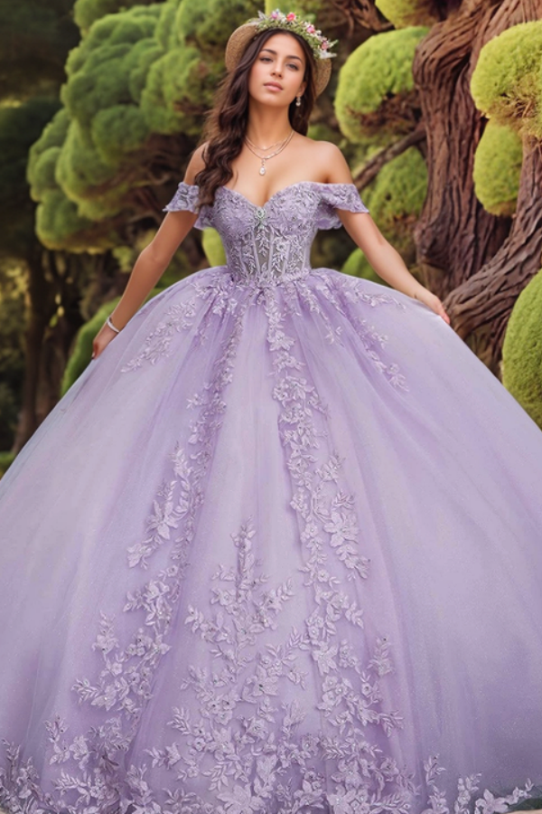 Elegant Ball Gown Sweetheart Neck Sleeveless Beaded 3D Flower Appliques Lace Up Bow Knot Purple /Lalic Tulle Quinceanera Dress Birthday Party Gown for Sweet 16