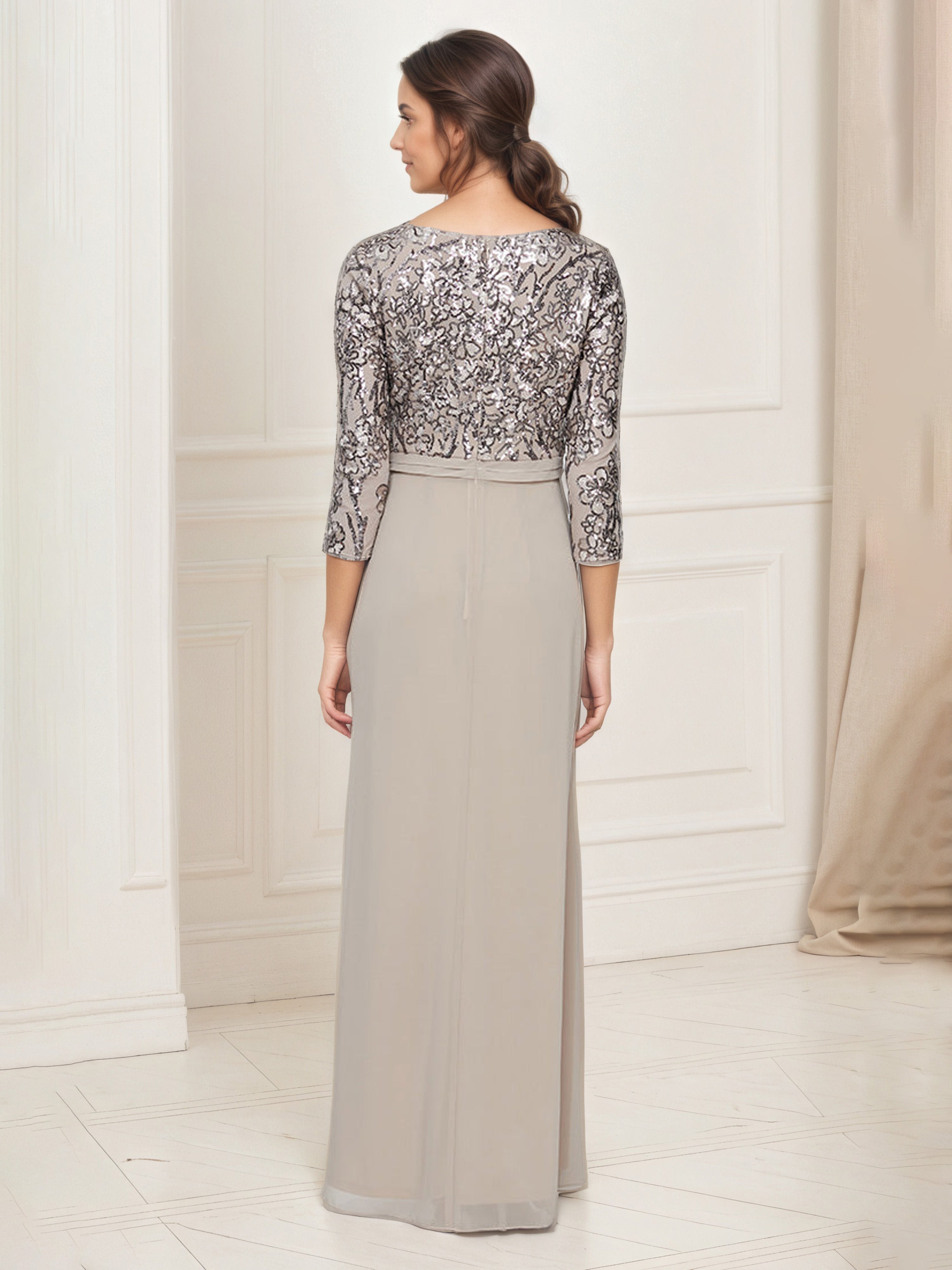 Dark Taupe A-Line Chiffon Mother of the Bride Dress with V-Neck Sequin Bodice and 3/4 Sleeves