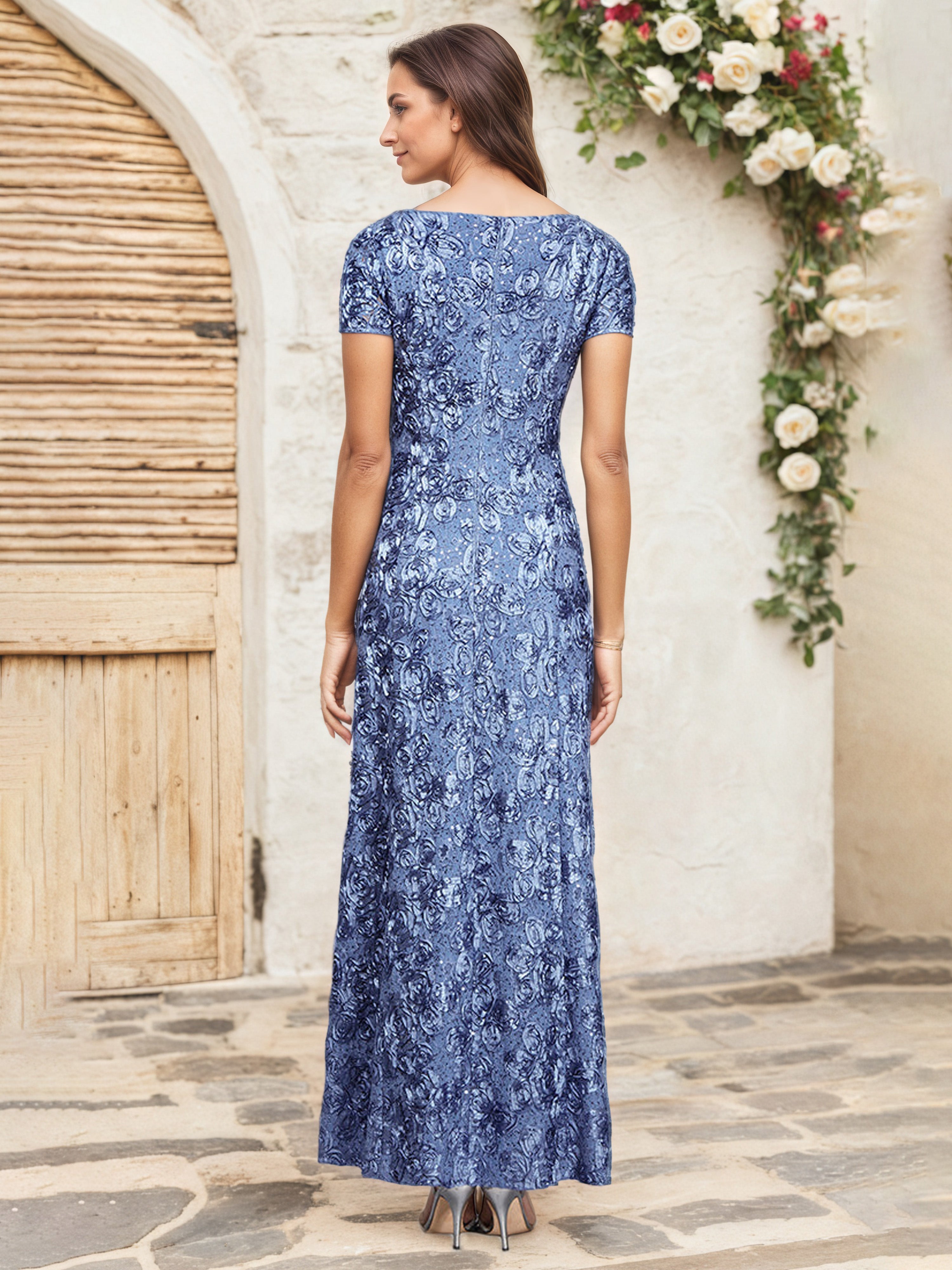 Periwinkle A-Line Maxi Mother of the Bride Dress with Short Sleeves Lace Appliques and Sequin Details