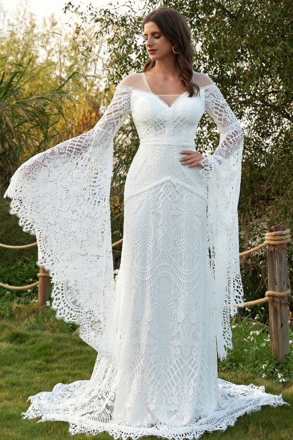 Chic & Modern Mermaid V Neck Long Brumpet Sleeves Fully Lace Sleeves Boho Wedding Dress V Back Court Train Beach Bridal Gown