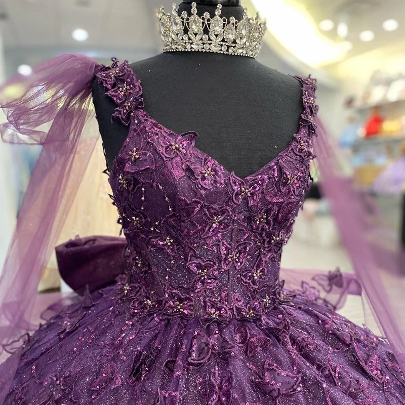 Luxury Ball Gown Strapless Straps Sleeveless Bow Knot 3D Butterfly Appliques Purple Tulle Quinceanera Dress Princess Party Dress for Sweet 16