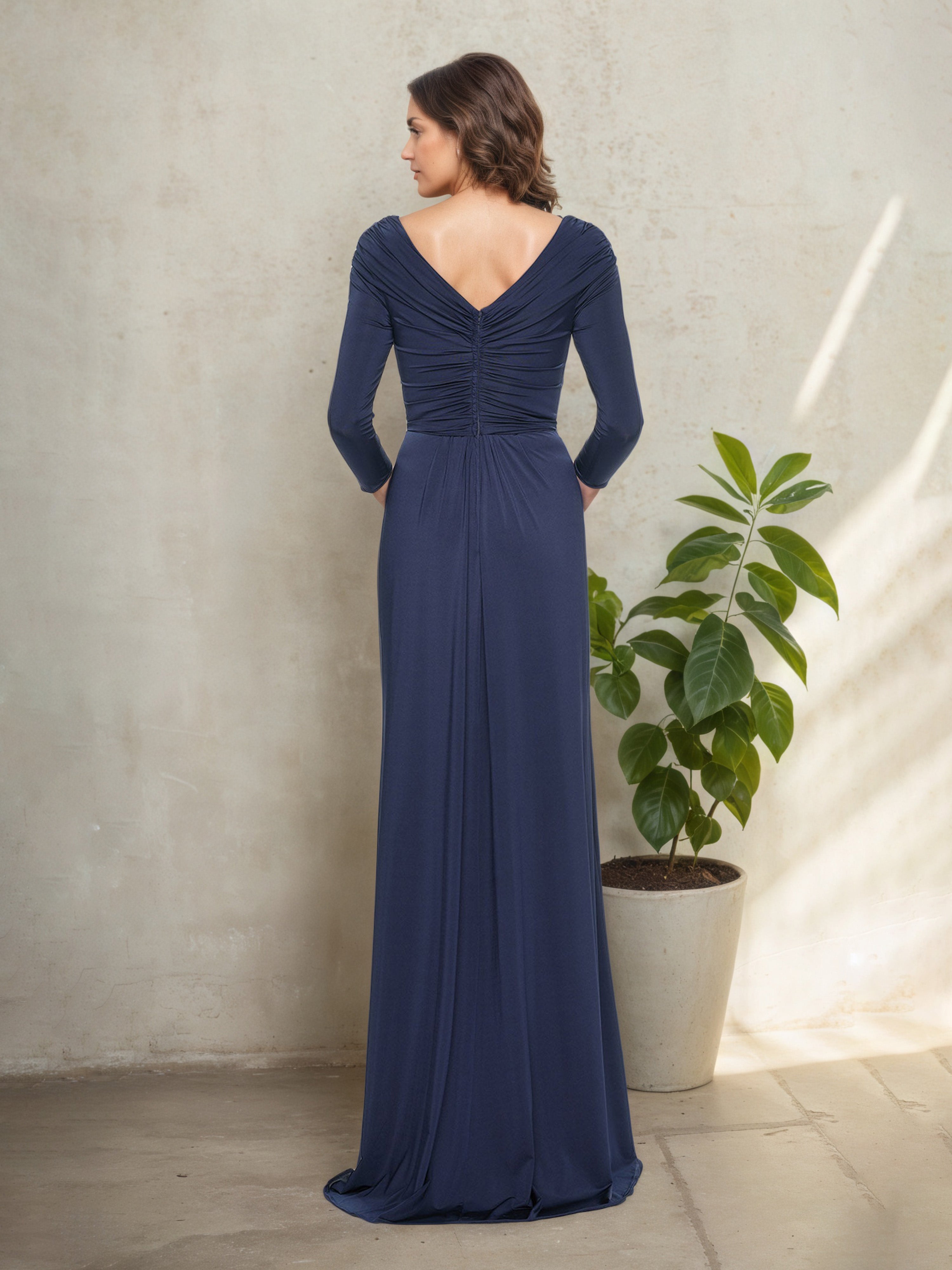 Navy Blue V-Neck Pleated 3/4 Sleeve Mother of the Bride Dress with Ruffled Side