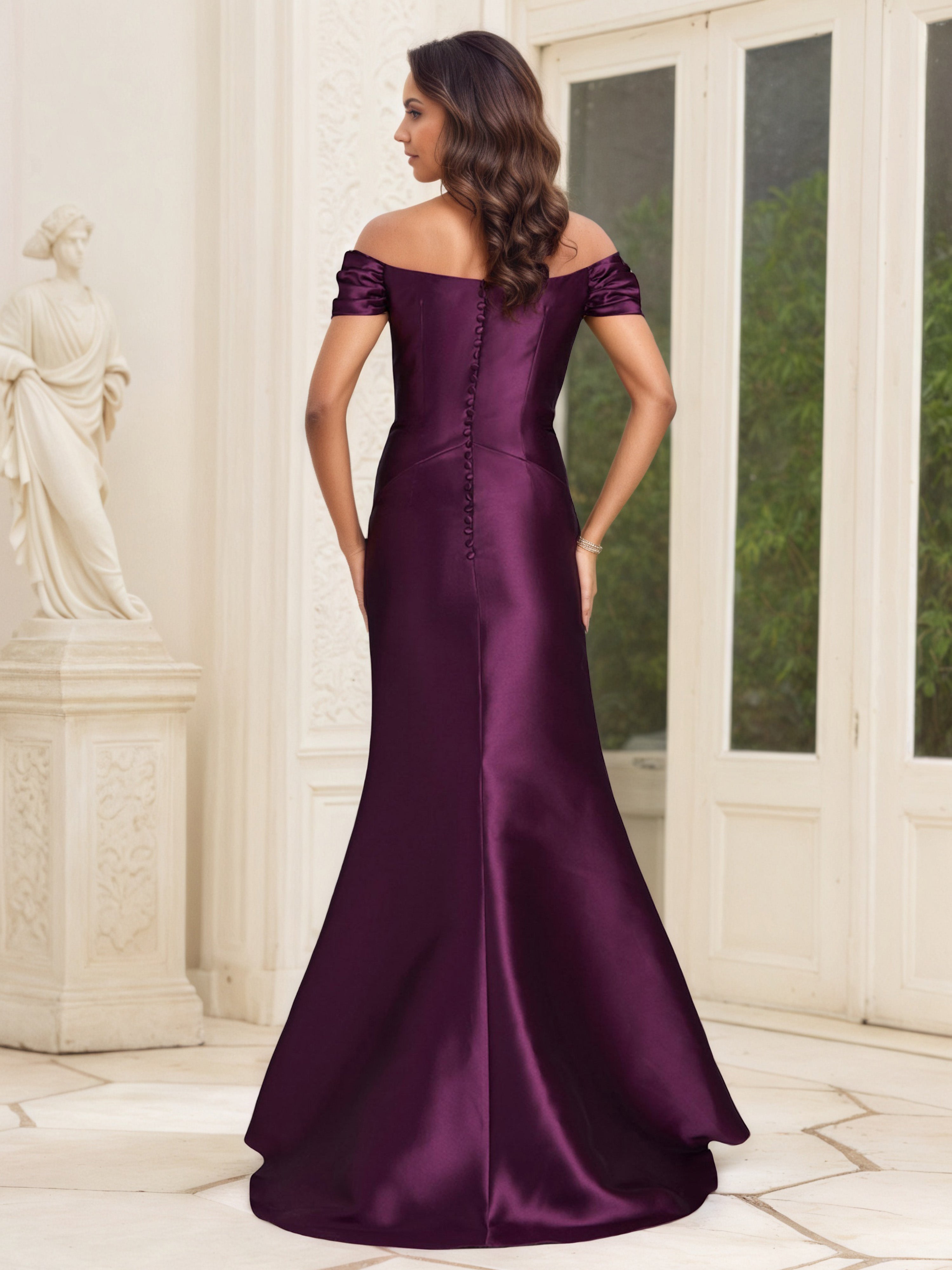 Grape Off-the-Shoulder Pleated Sheath Floor-Length Mother of the Bride Dress