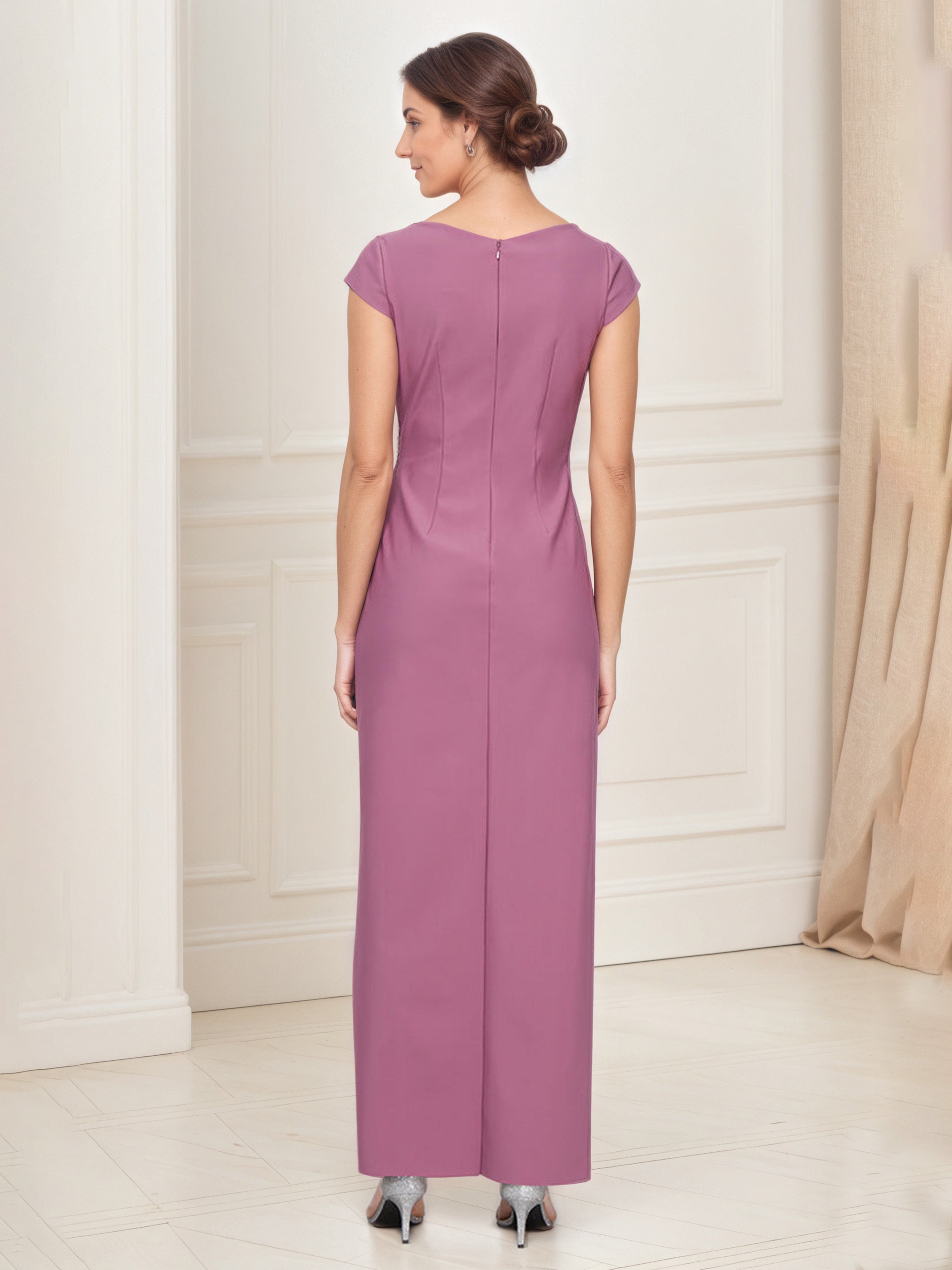 Dark Mauve V-Neck Mother of the Bride Dress with Cap Sleeves and Beaded Embellished Waist