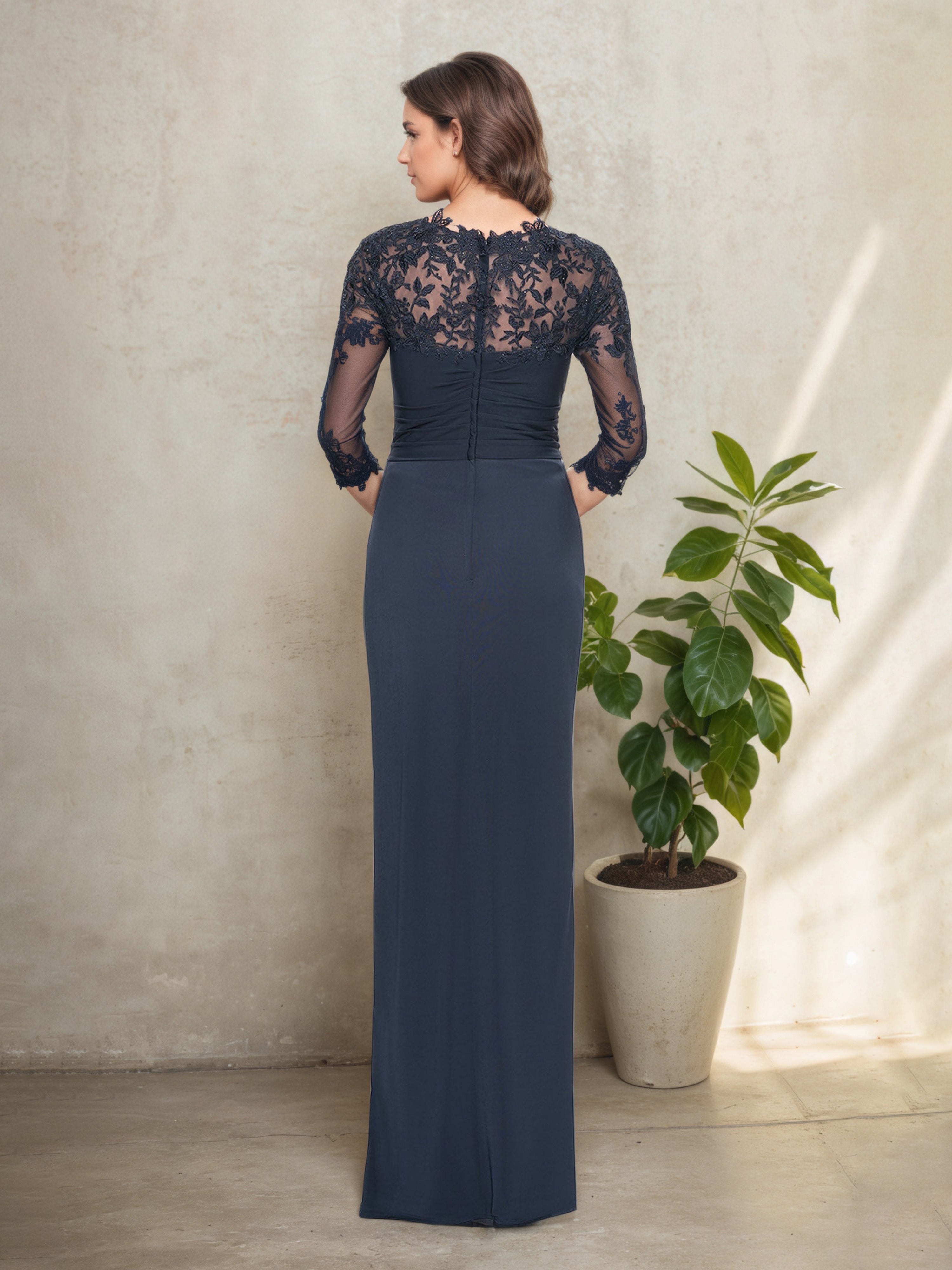 Dark Navy Square Neck Mother of the Bride Dress with Elegant Lace and Pleated Design