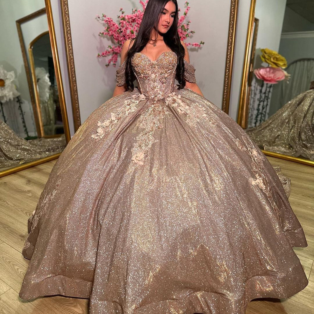 Elegant & Glitter Ball Gown Sweetheart Neck Off Shoulder Sweep Train Tulle Cocktail Party Gown Quinceanera Dress Princess for Sweet 16