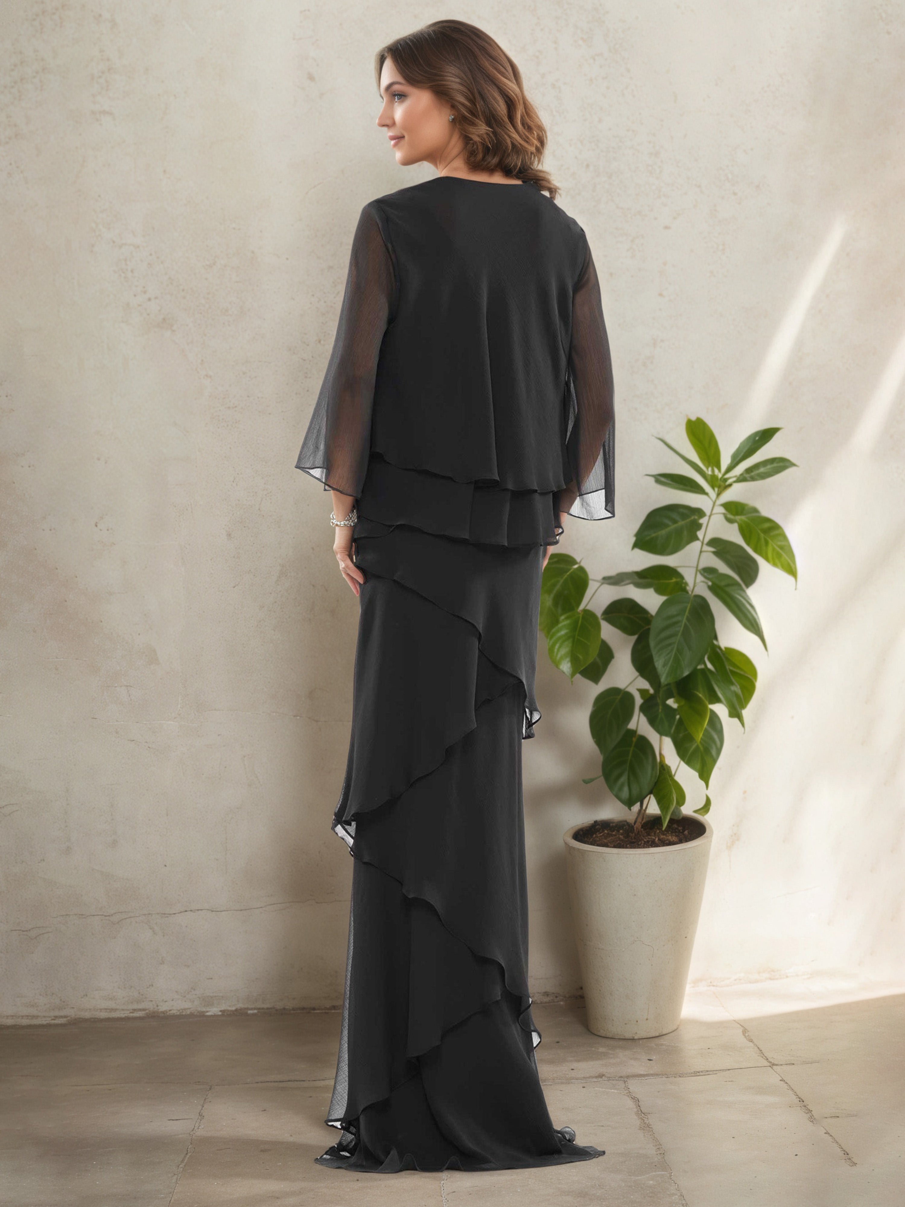 Black V-Neck Long Sheath Mother of the Bride Dress Suit with Layered 3/4 Sleeves