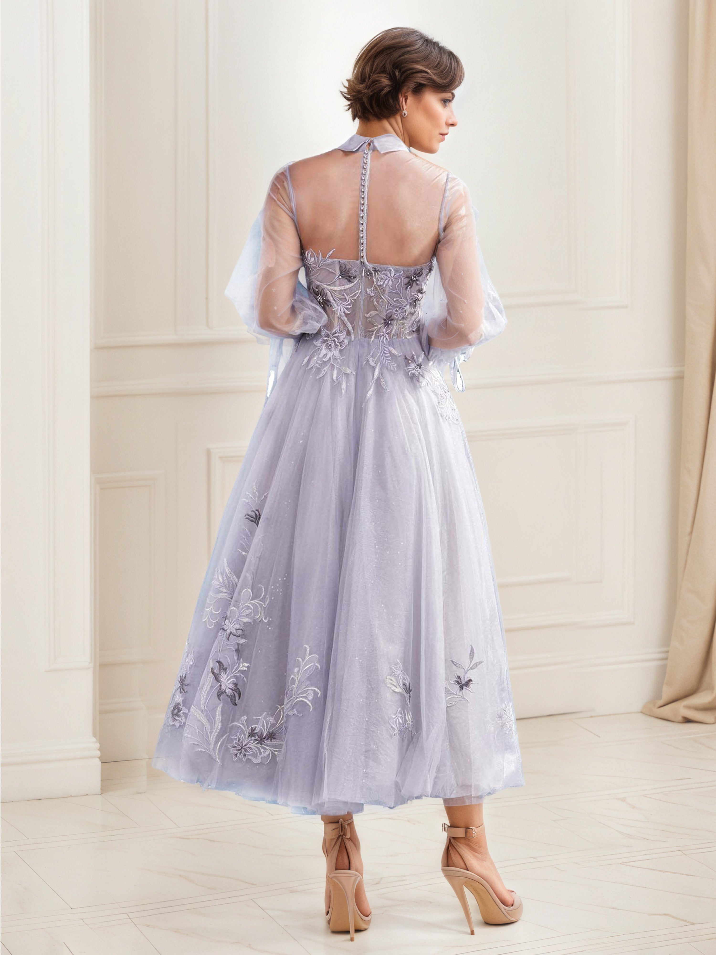 Dusk A-Line Mother of the Bride Dress with Embroidered Lace, Long Sleeves and a Shirt Collar