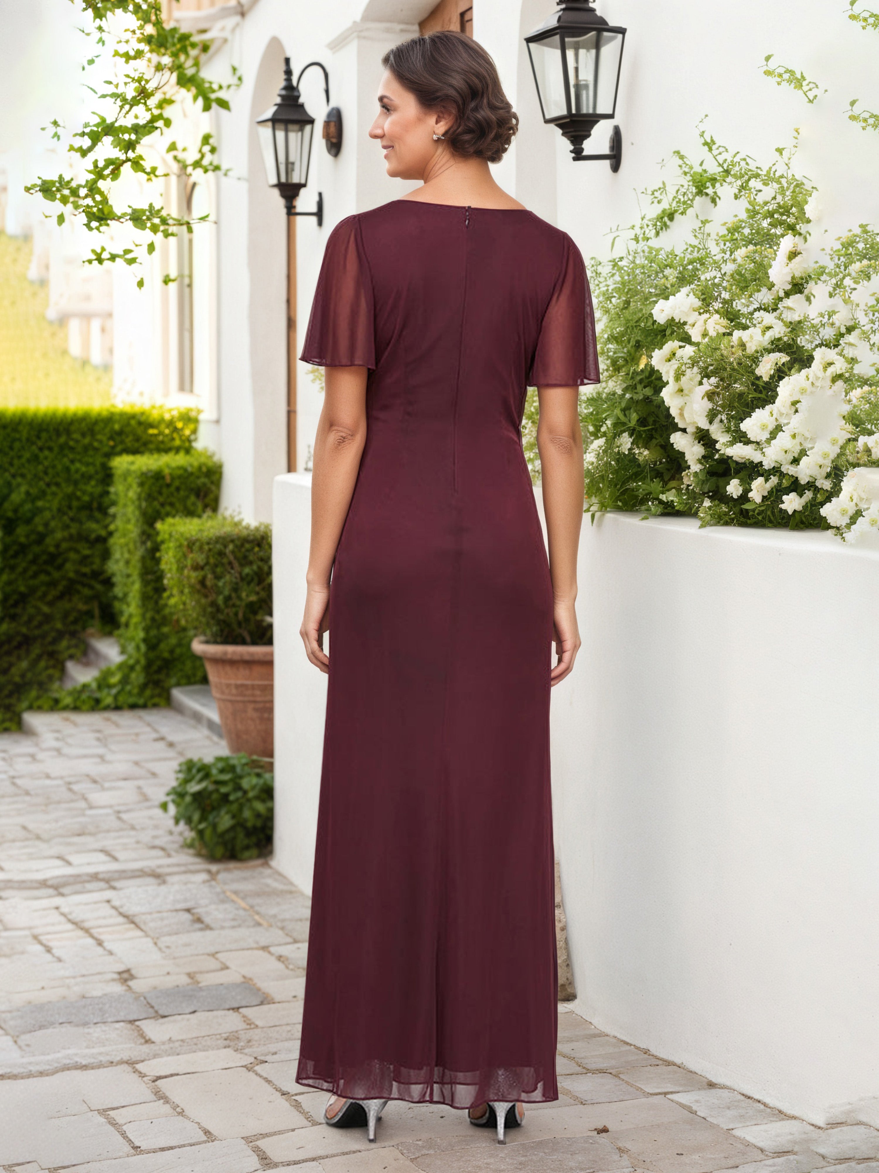 Burgundy Long V-Neck Chiffon Mother of the Bride Dress with Embellished Waist